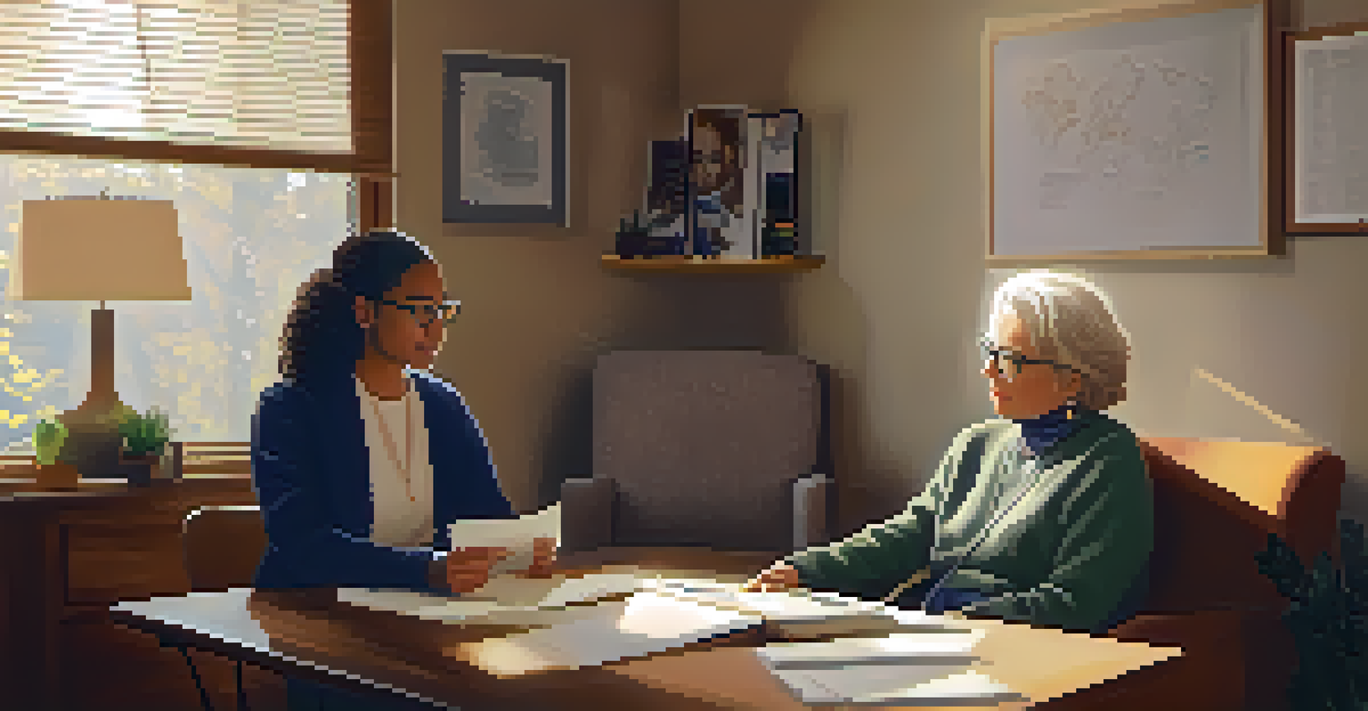A cozy therapy session in an office, with a therapist and a young adult discussing in a warm, inviting environment.