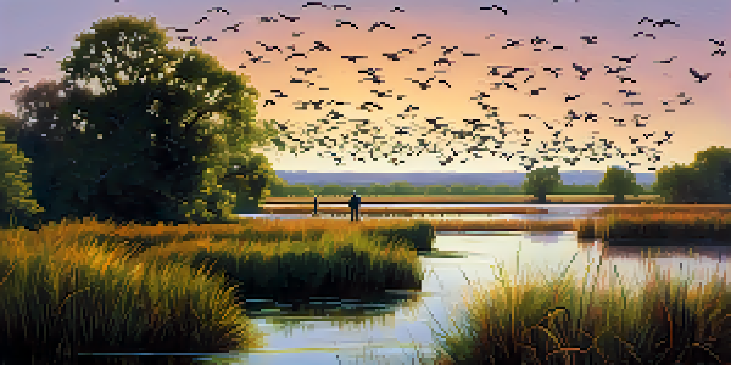 A birdwatcher observing migratory birds over wetlands in Sacramento, surrounded by lush greenery and a colorful sky.