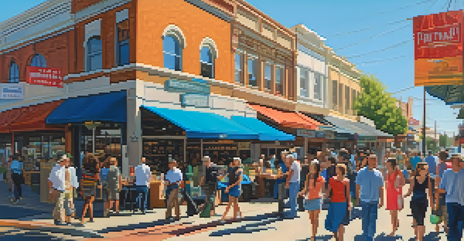 A lively urban landscape of Sacramento showing diverse people shopping and interacting outside vibrant local businesses under clear blue skies.