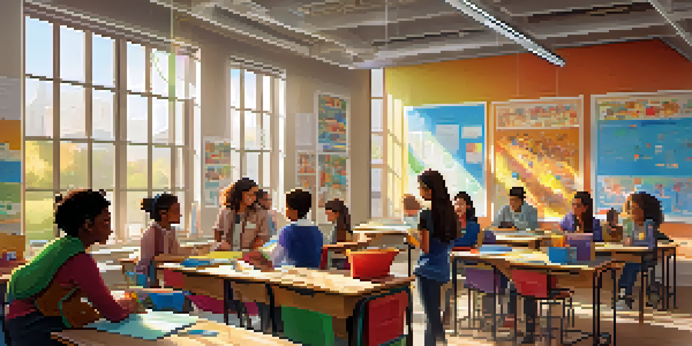 A diverse group of students working together on a project in a colorful classroom, with a teacher guiding them and sunlight streaming in through windows.