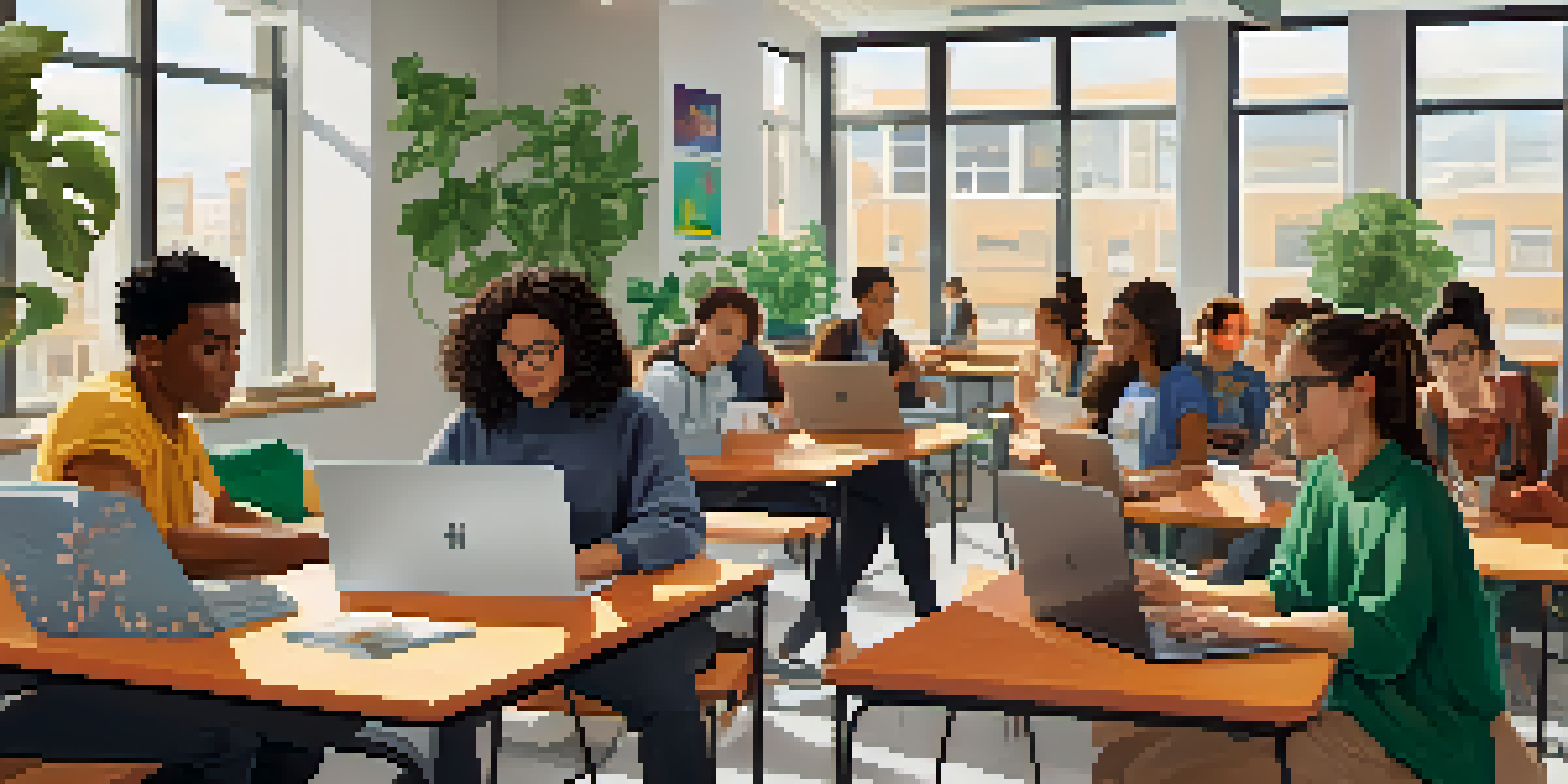 A group of diverse college students collaborating in an online learning session in a bright, modern classroom.