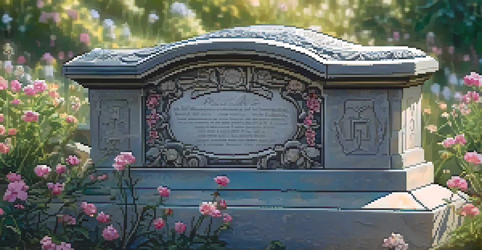 A close-up of a detailed gravestone with Victorian motifs, surrounded by colorful wildflowers in sunlight.