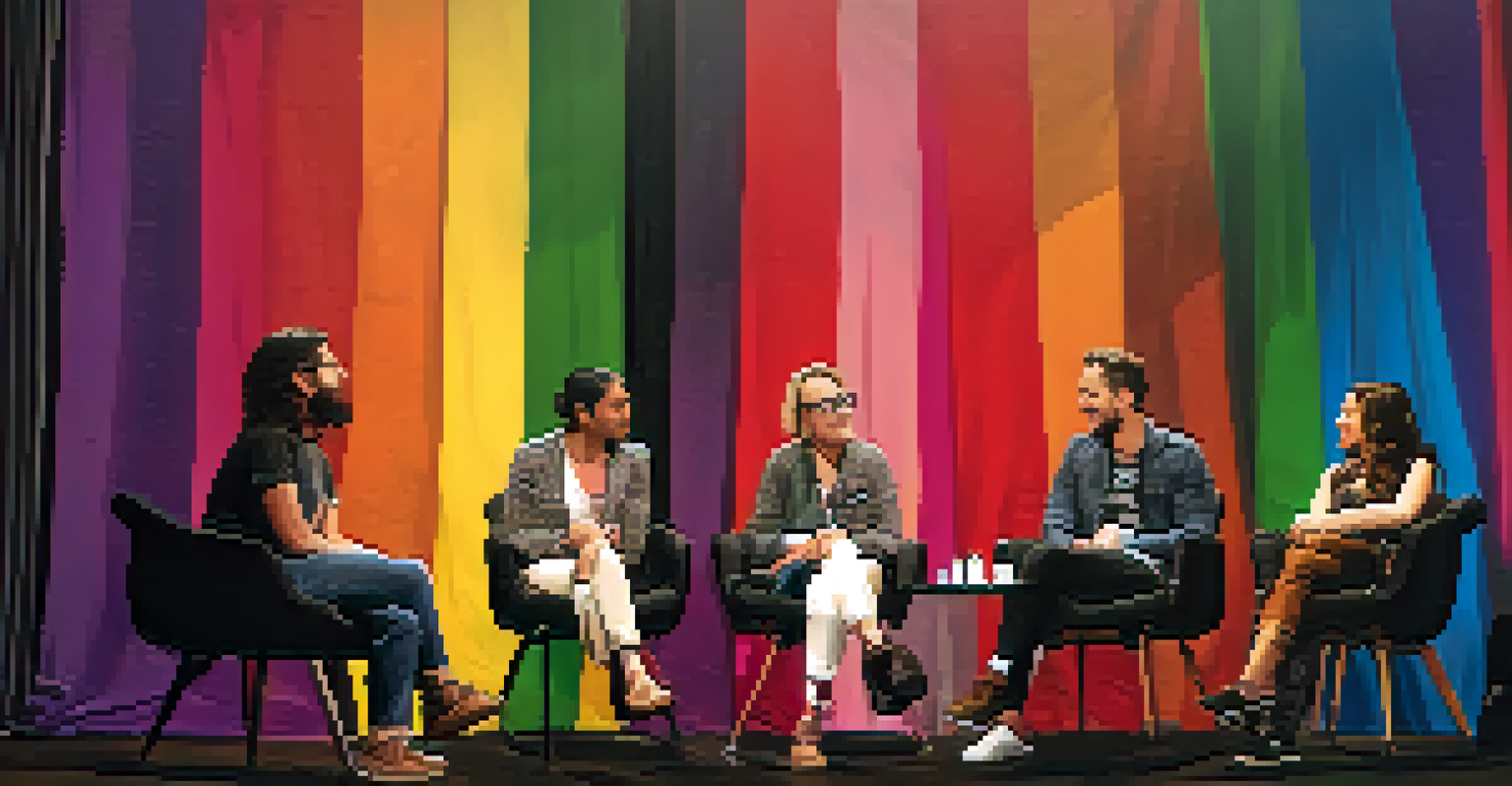 A panel discussion at the LGBTQ Film Festival with diverse speakers and an engaged audience in soft lighting.