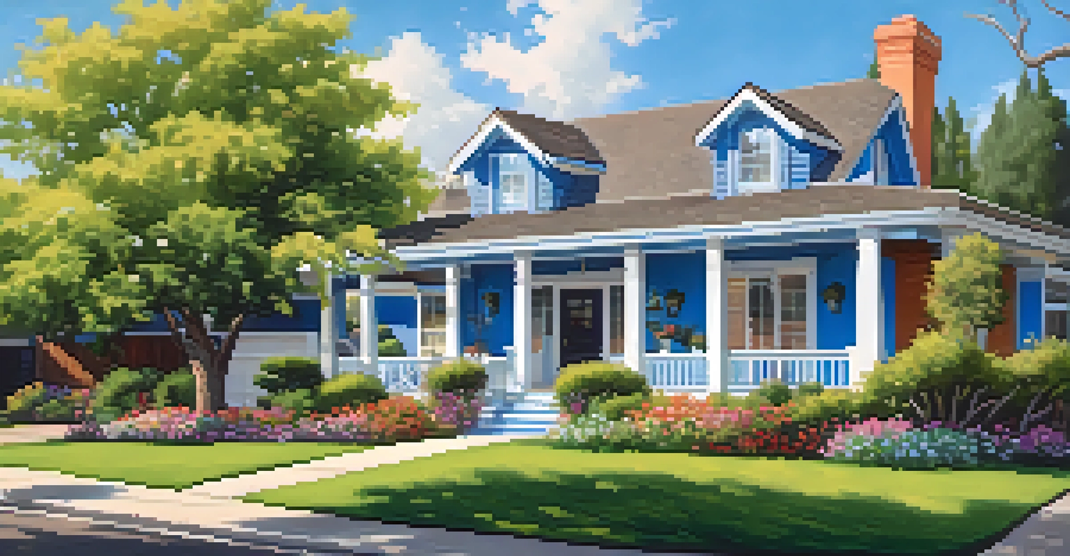 A charming family home in a vibrant neighborhood with gardens and children playing outside.