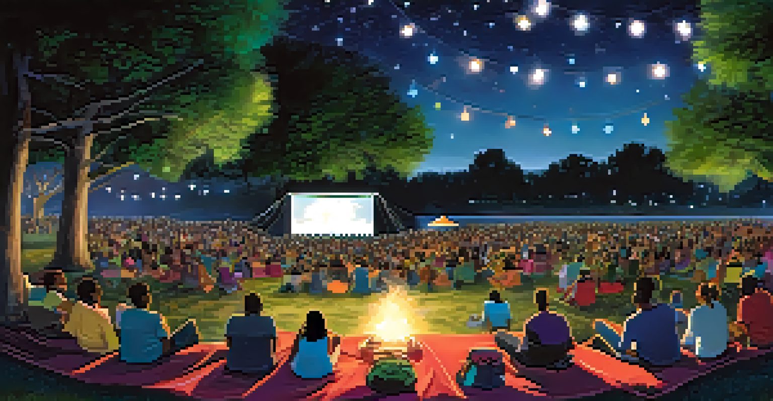A nighttime film screening at the Capital City Black Film Festival, with attendees on colorful blankets watching a film under a starry sky and fairy lights.