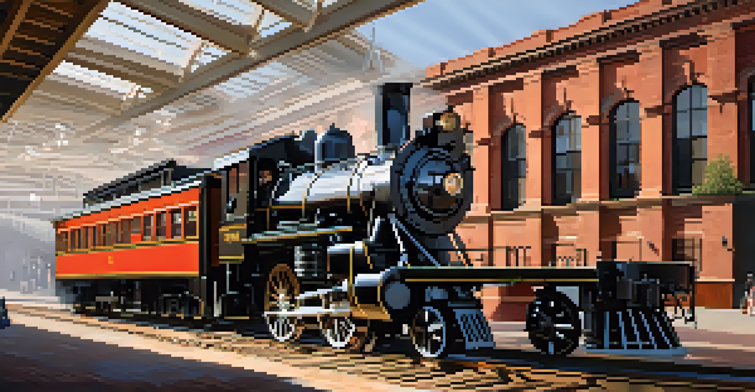 The California State Railroad Museum with restored locomotives on display, featuring a blend of brick and wood architecture, illuminated by sunlight.