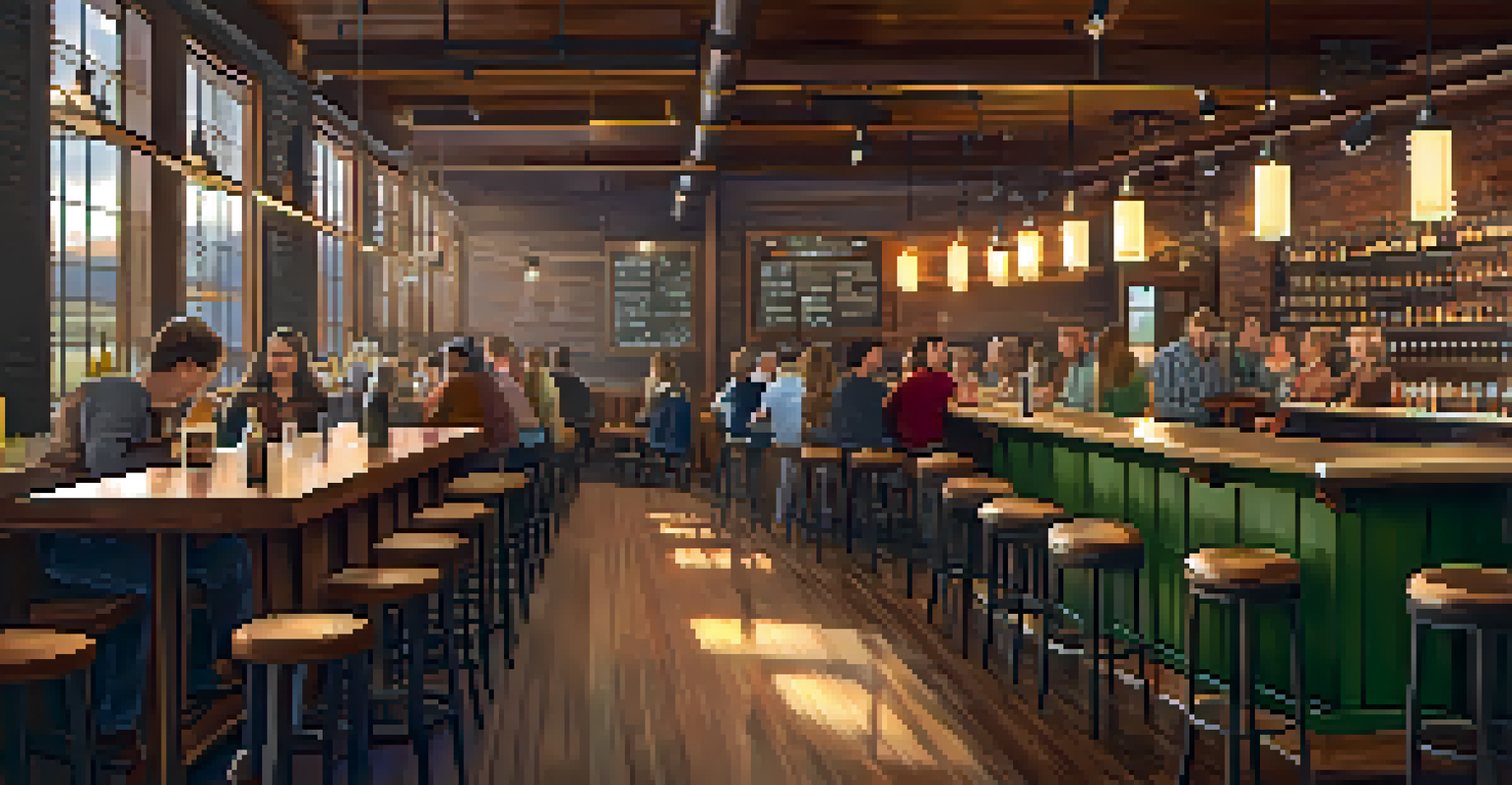 A cozy brewery taproom interior with a wooden bar, craft beers on tap, and patrons enjoying drinks and food.