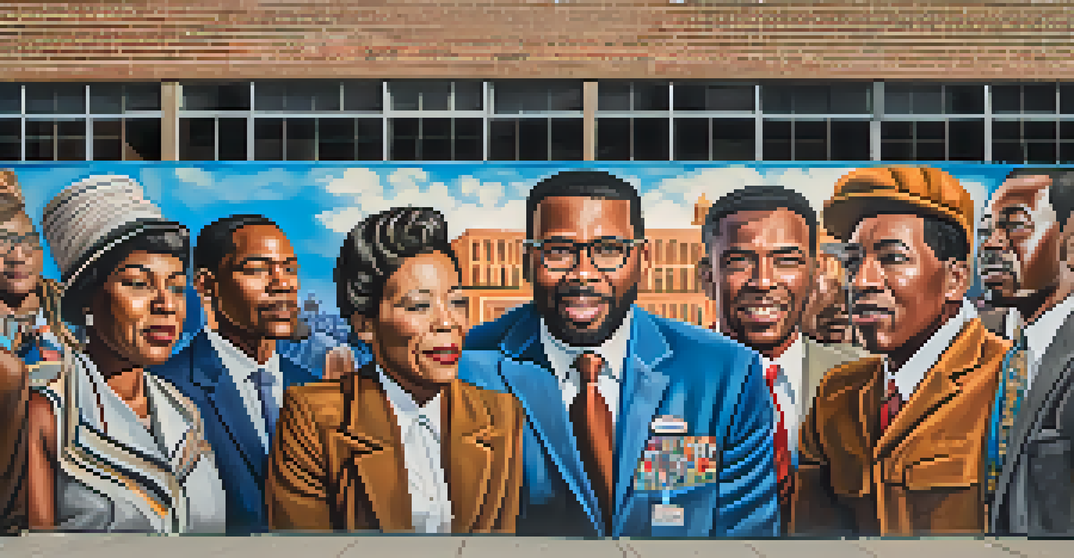 A colorful mural in Sacramento celebrating the Civil Rights Movement, featuring influential leaders and events, with vibrant colors and detailed artwork.