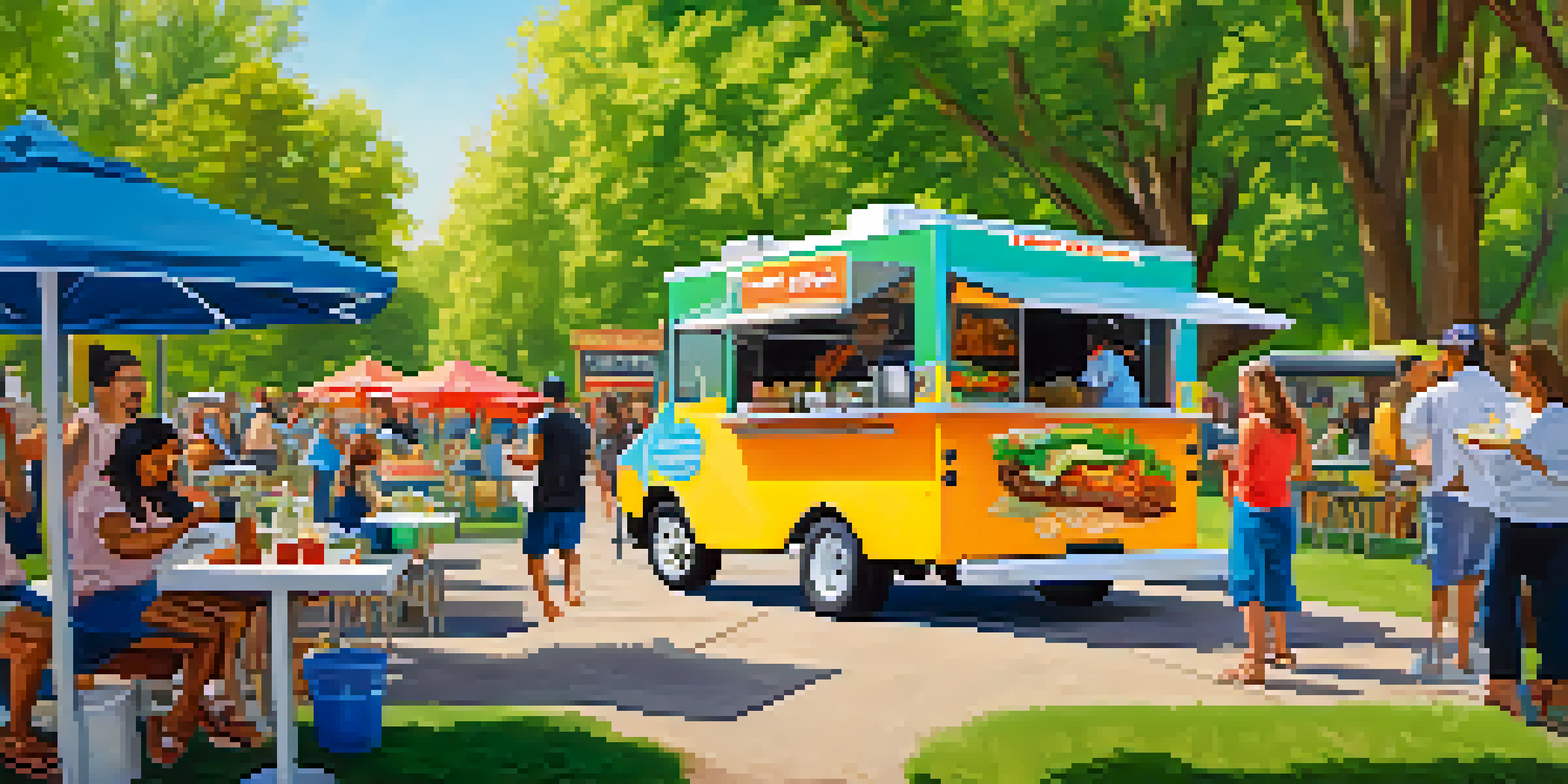 A lively food truck in a sunny park, with a chef making tacos and people enjoying their meals.
