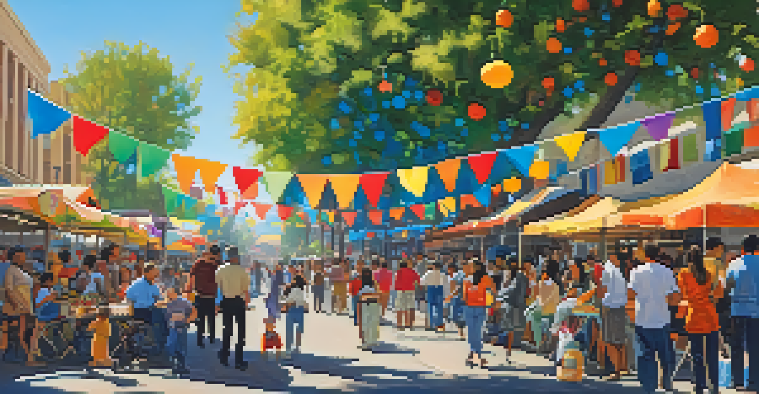 A vibrant street festival in modern Sacramento, featuring food stalls, performers, and diverse crowds under a clear blue sky.