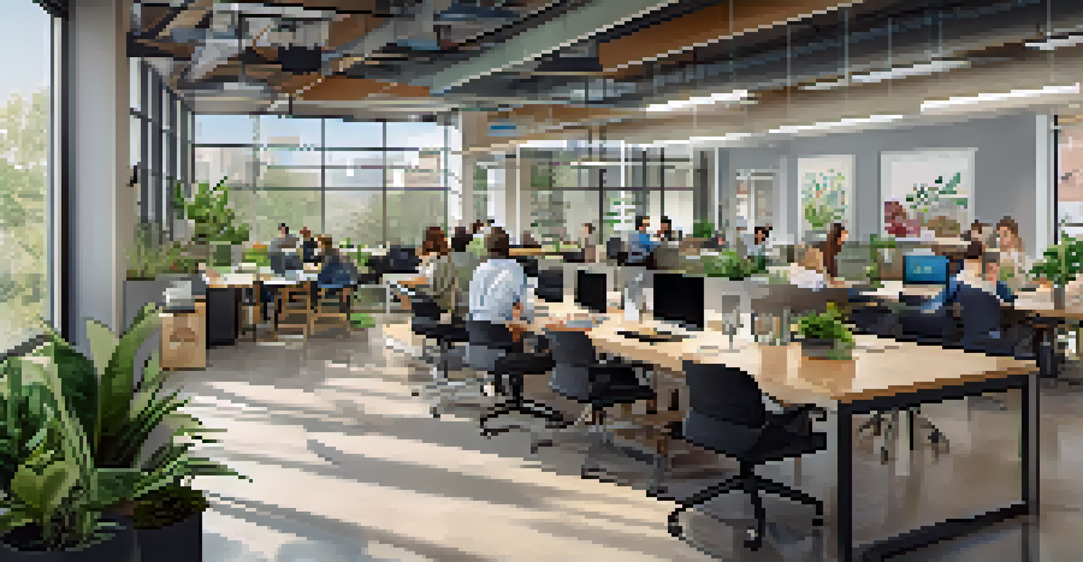 A modern business incubator in Sacramento with entrepreneurs collaborating at shared desks in a bright and inviting space.