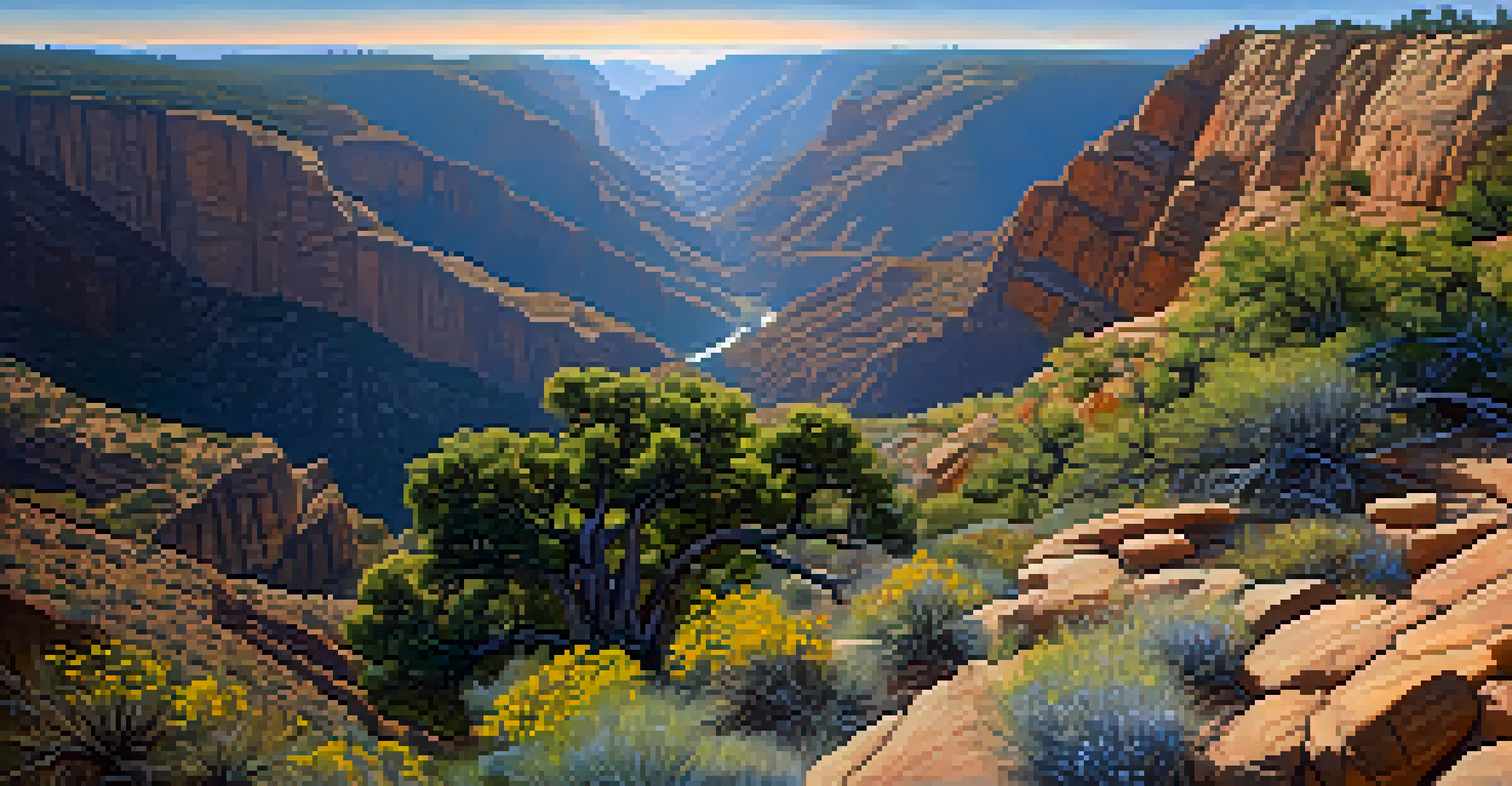 A panoramic view of Kings Canyon with deep canyons, hikers on a trail, and vibrant wildflowers.