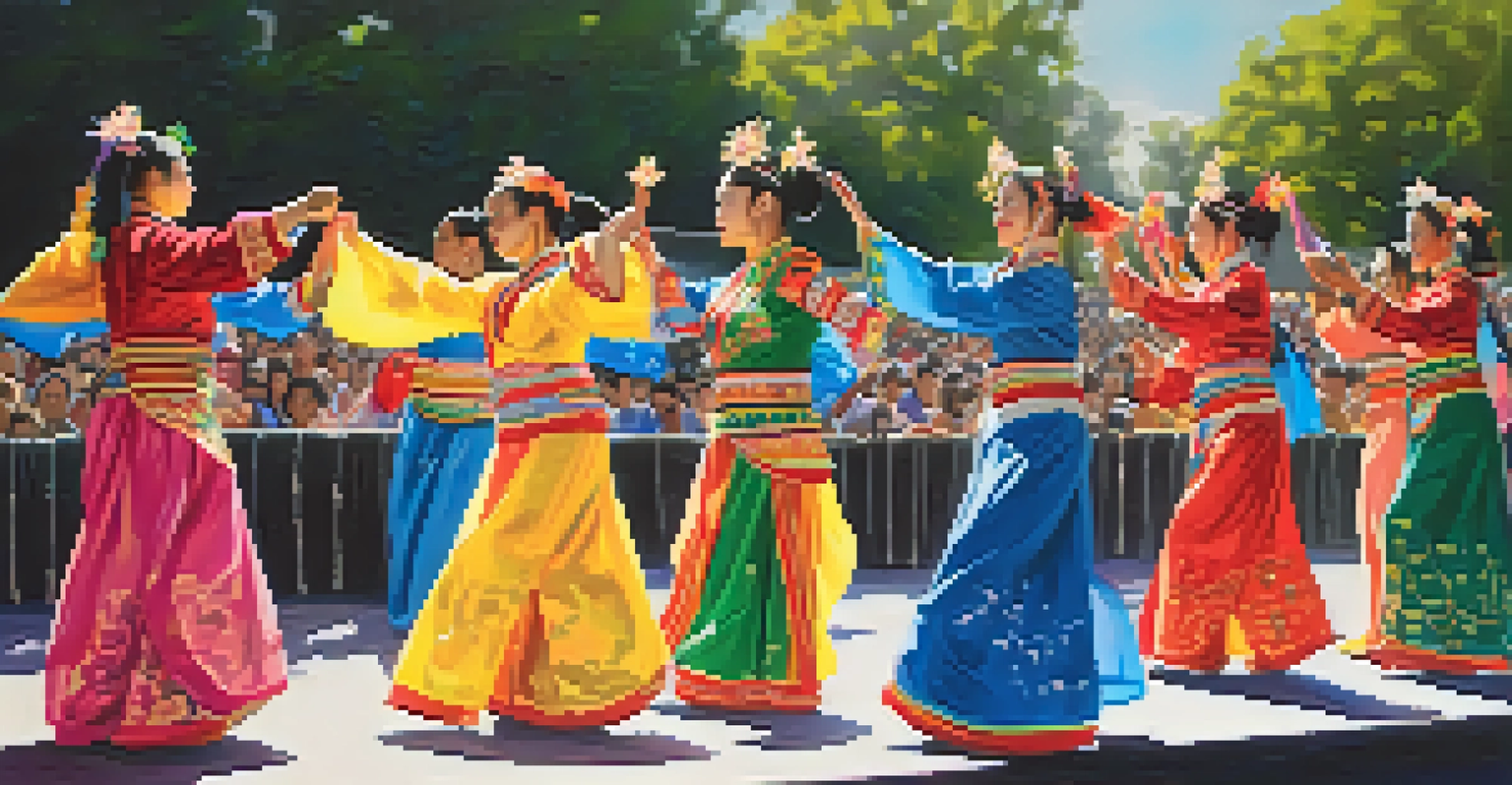 Traditional dancers in colorful costumes performing at the Sacramento Asian Pacific Festival, with an engaged audience in the background.
