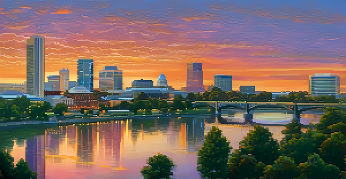 A scenic sunset view of Sacramento's skyline with colorful skies and a city park in the foreground.