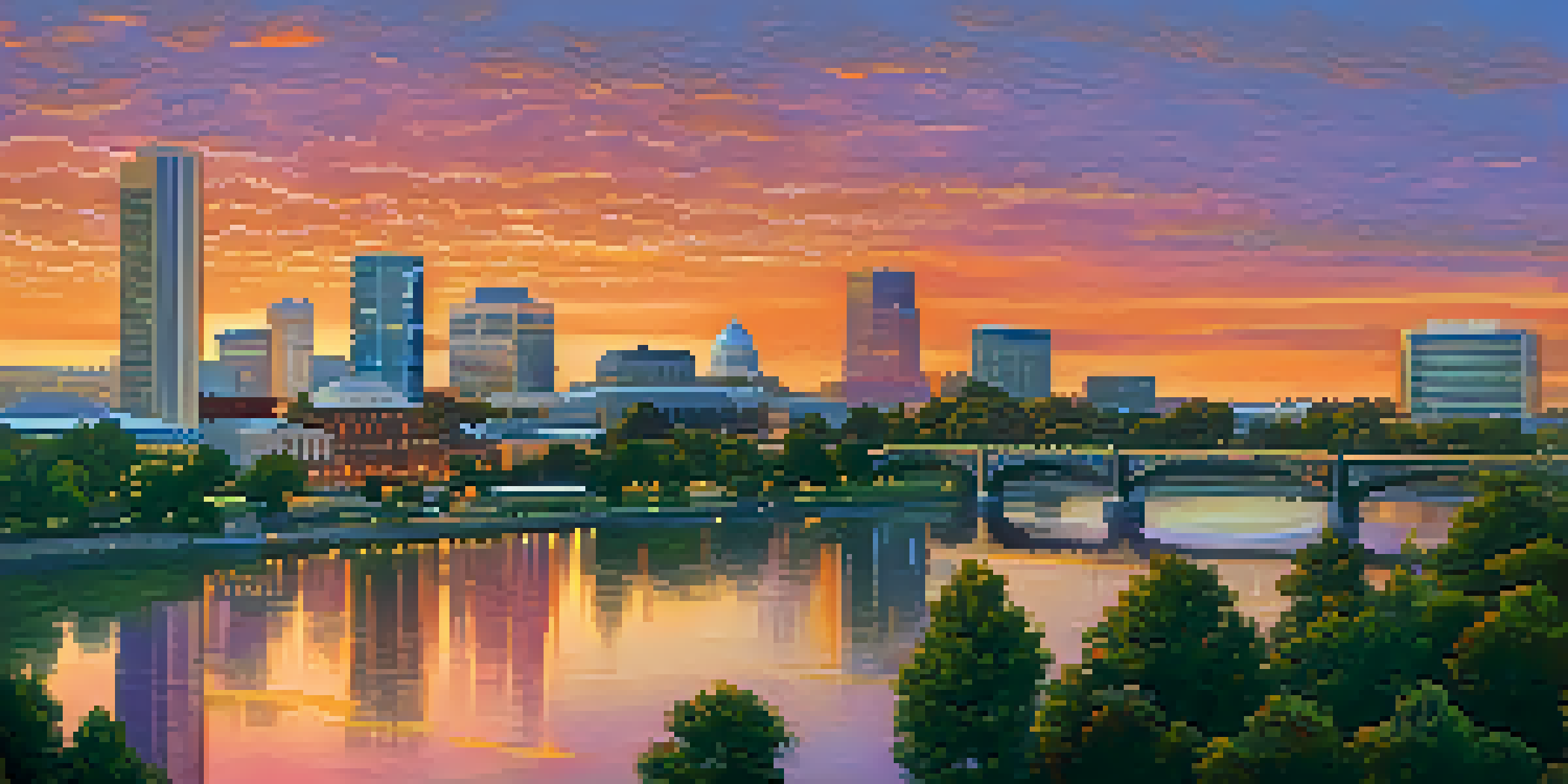 A scenic sunset view of Sacramento's skyline with colorful skies and a city park in the foreground.