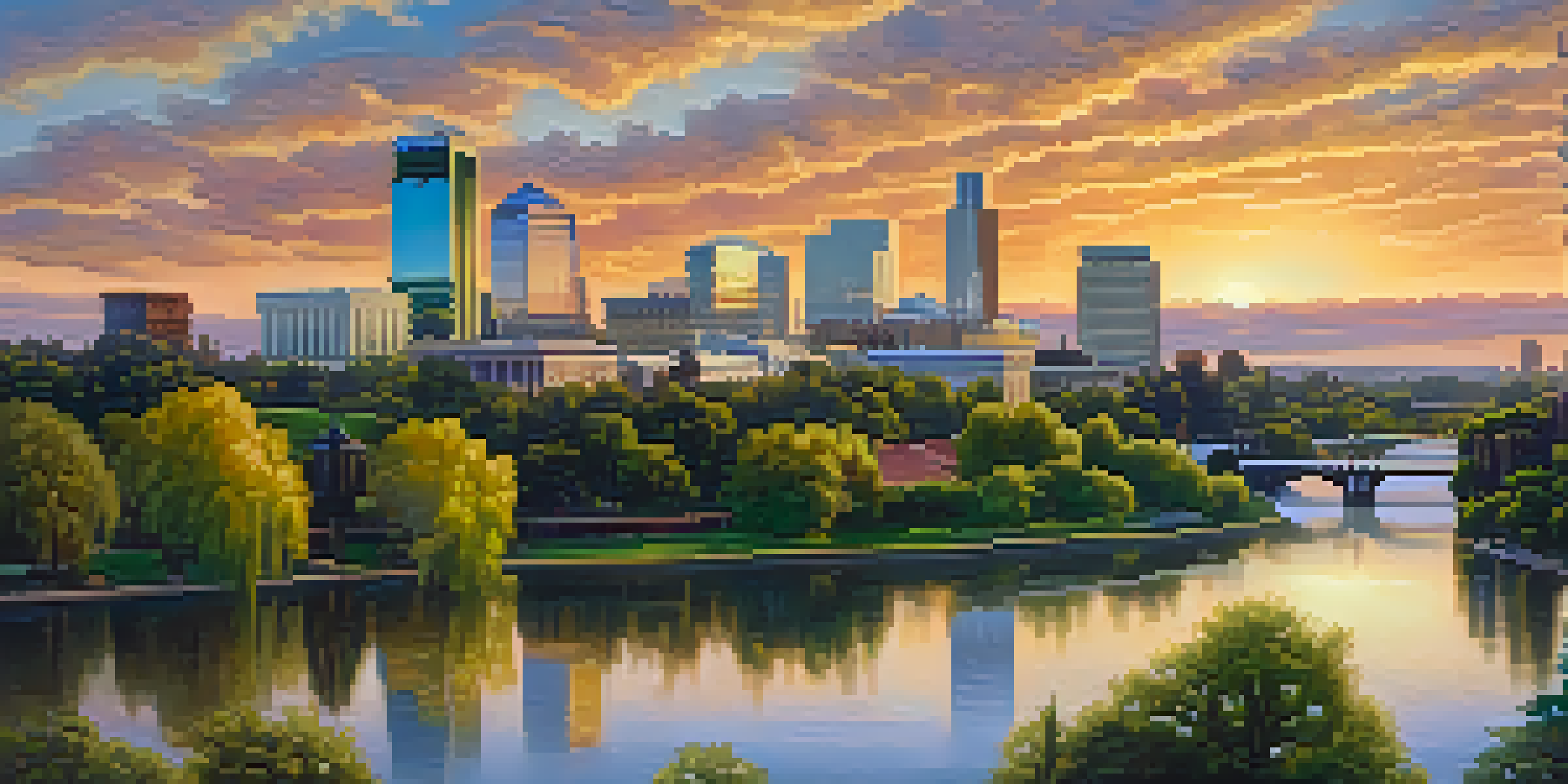 A beautiful sunset over Sacramento's skyline, with reflections on buildings and greenery in the foreground.