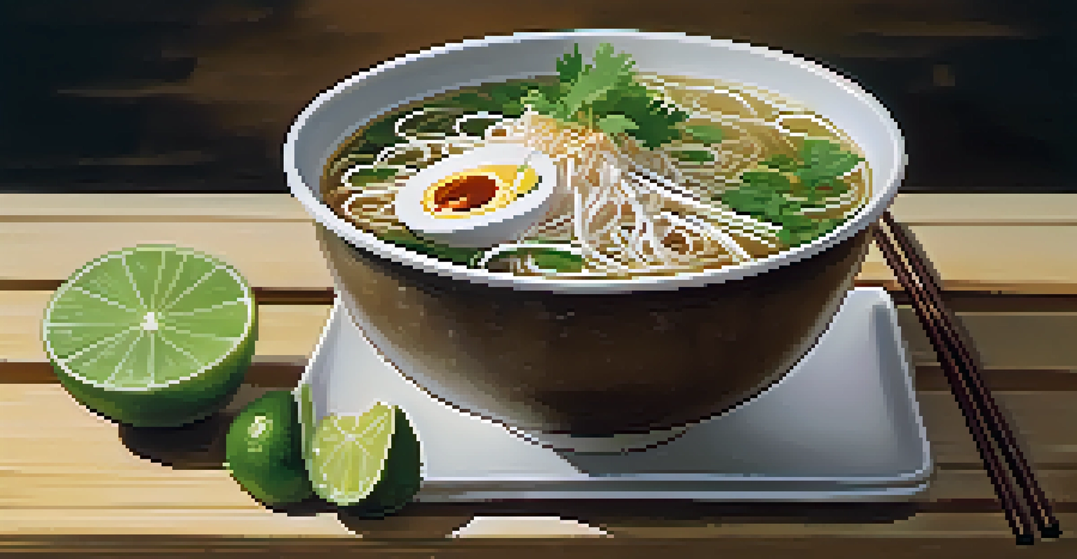 An inviting bowl of Vietnamese pho with fresh garnishes, set against a rustic wooden table, highlighting the essence of Vietnamese culinary art.