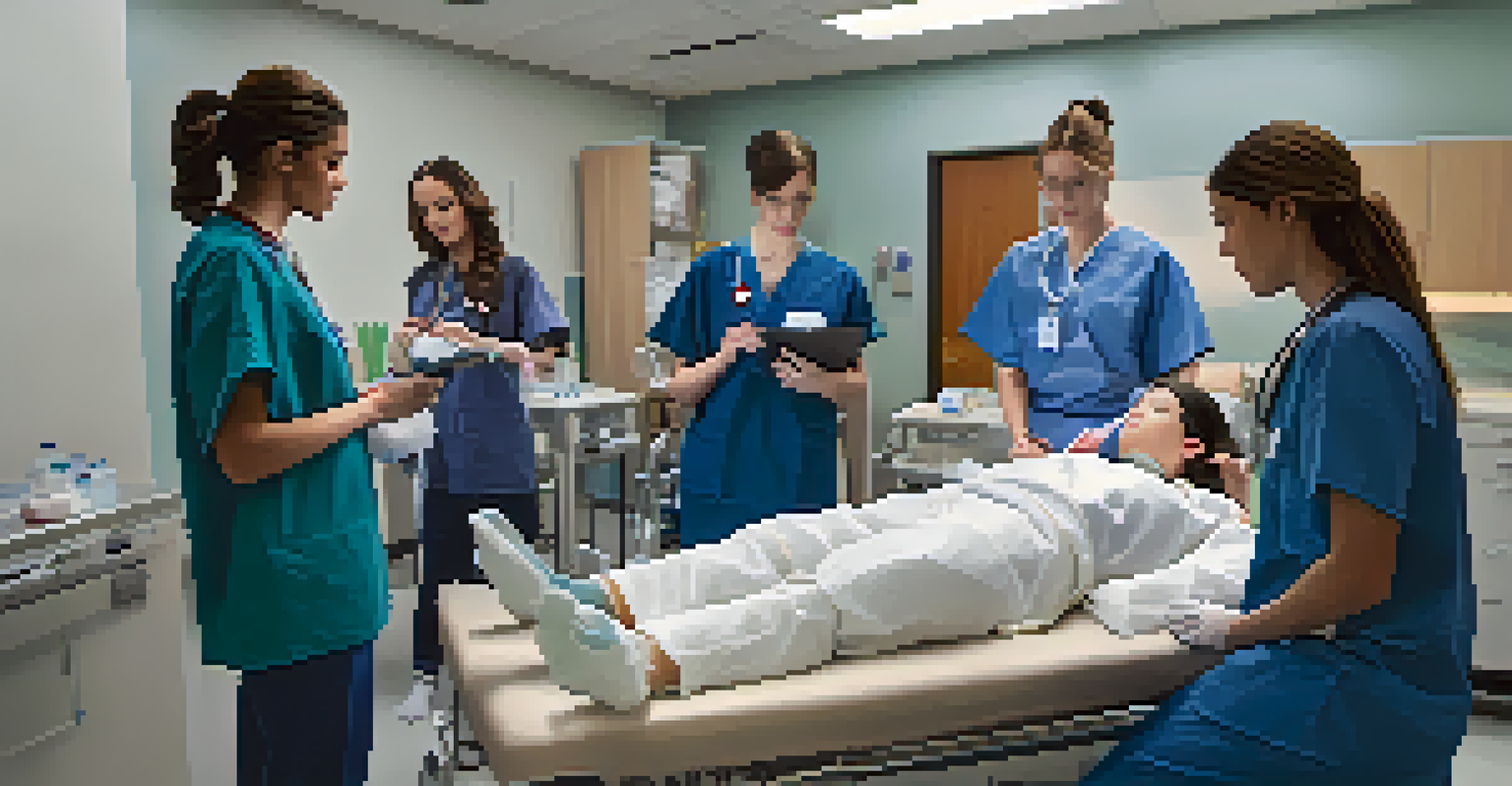 Students practicing healthcare skills in a training facility, using mannequins and medical supplies in a well-lit room.