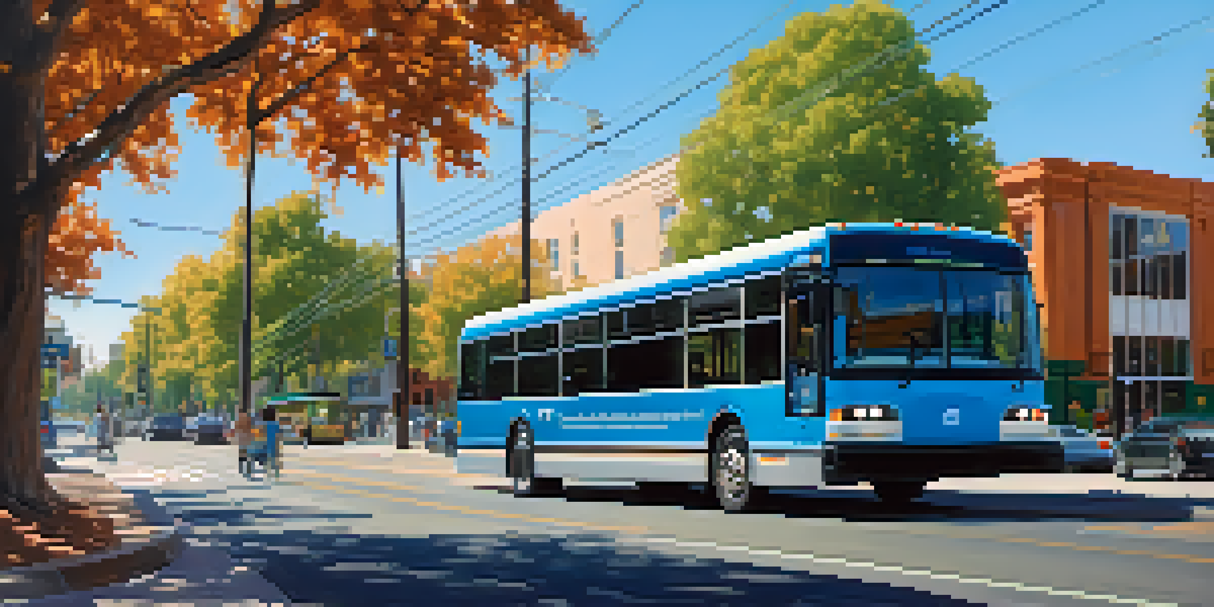 A modern electric bus in a vibrant Sacramento cityscape with people boarding and waiting at a bus stop.