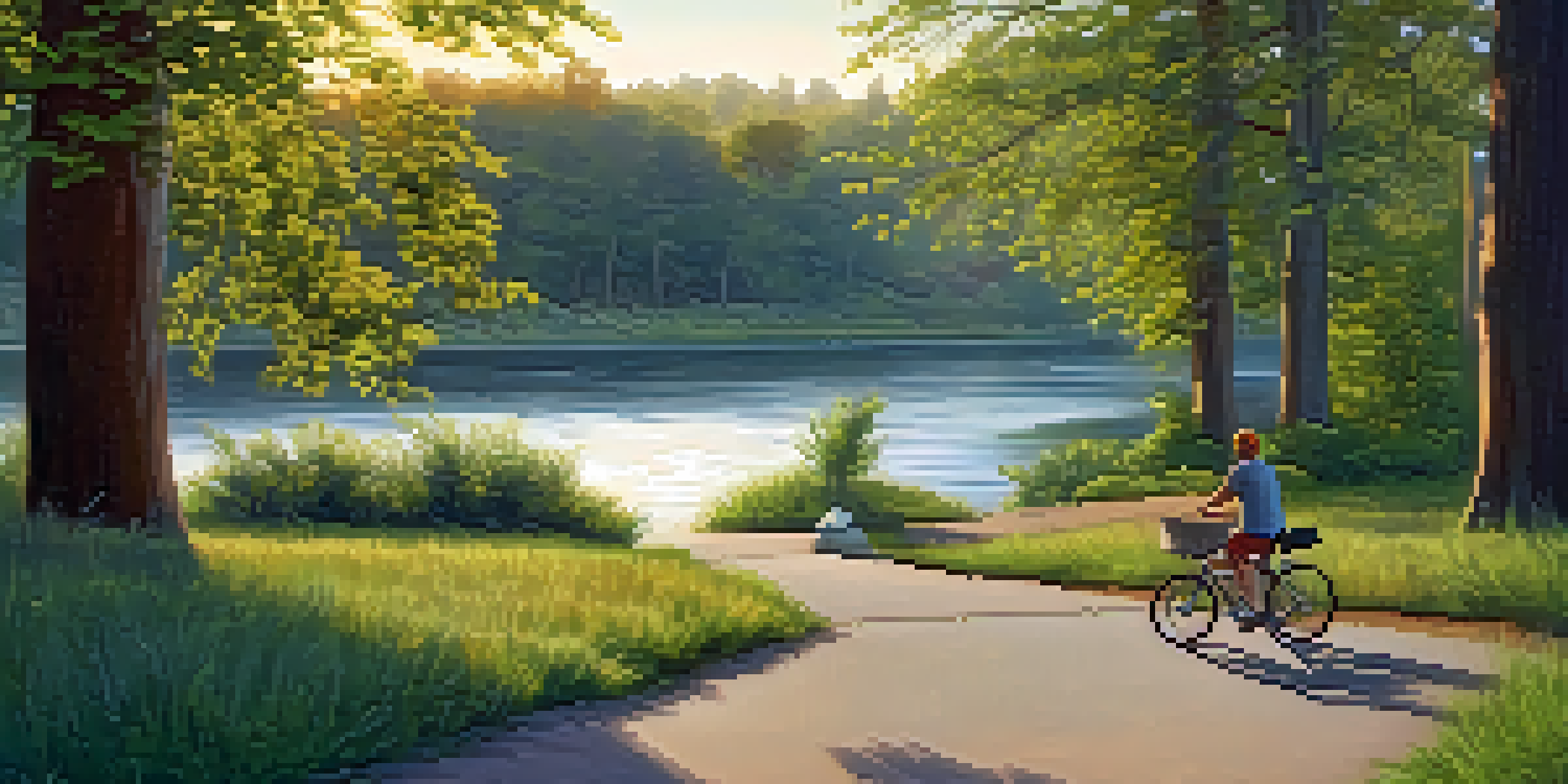 A peaceful picnic scene by the American River at sunrise, with greenery, a family on a blanket, and cyclists in the background.
