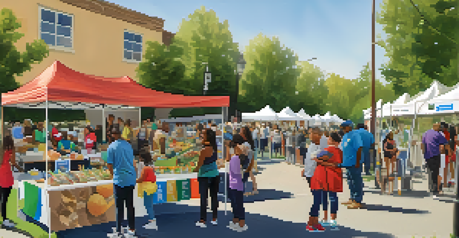 An outdoor health fair in Sacramento with booths providing health information and screenings, featuring diverse residents interacting.