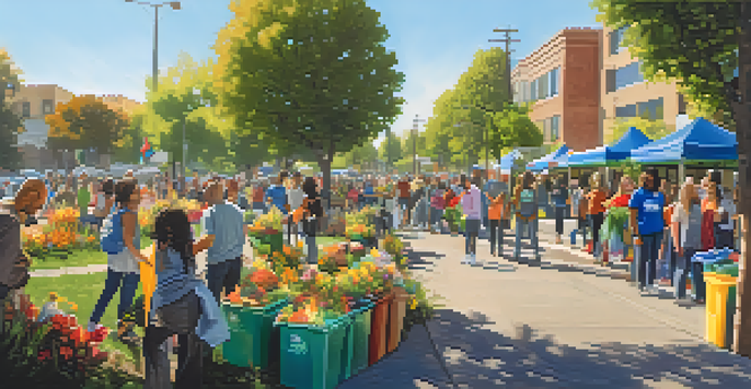 A diverse group of residents participating in a community cleanup event in Sacramento, surrounded by greenery and vibrant flowers, under a sunny sky.
