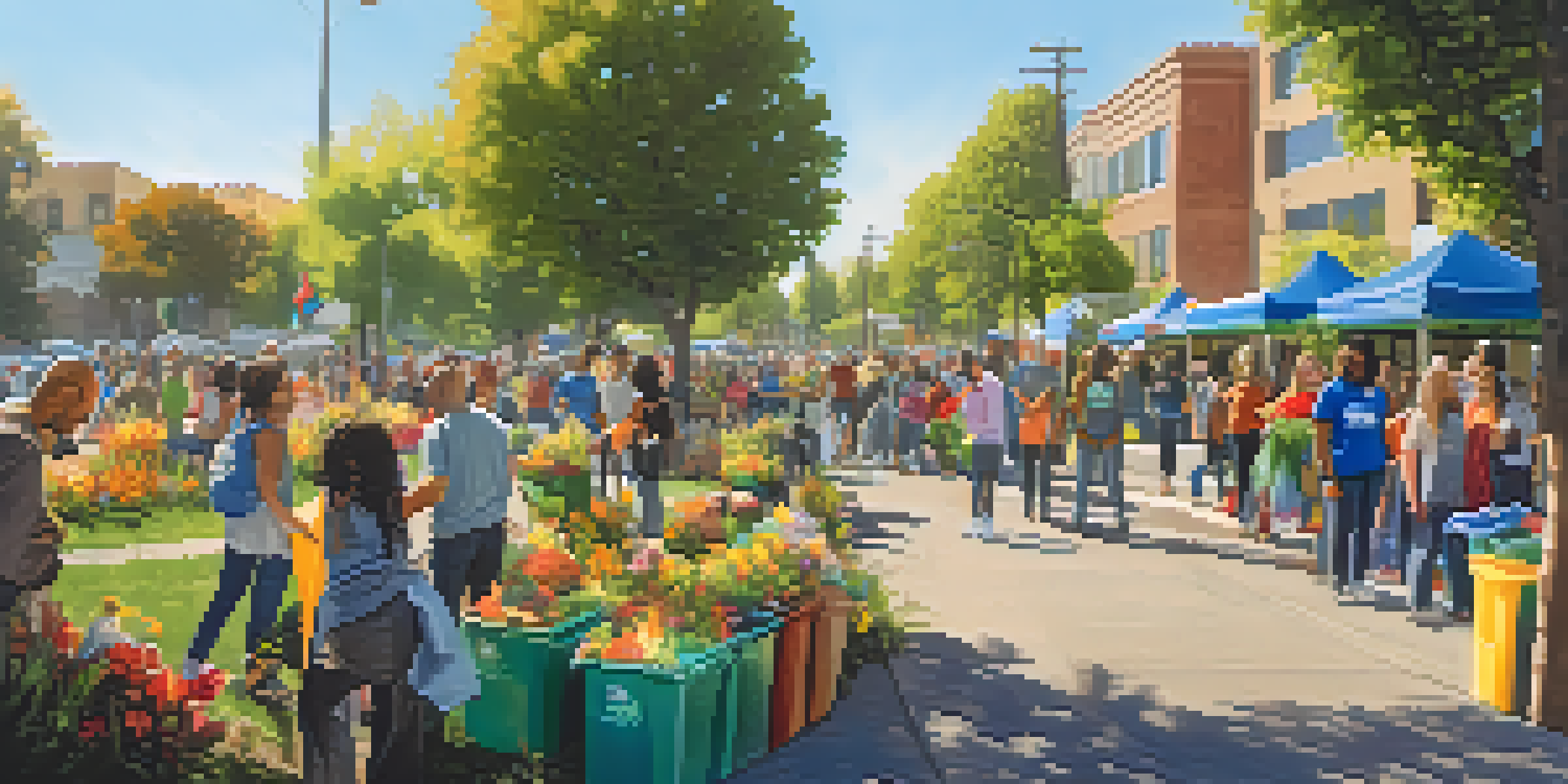 A diverse group of residents participating in a community cleanup event in Sacramento, surrounded by greenery and vibrant flowers, under a sunny sky.
