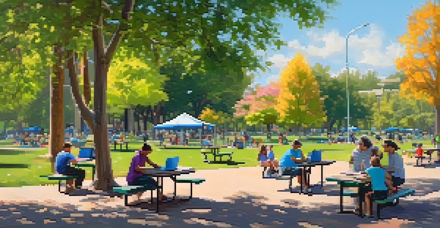 A lively park in Sacramento filled with remote workers, families, and outdoor activities in a vibrant community setting.