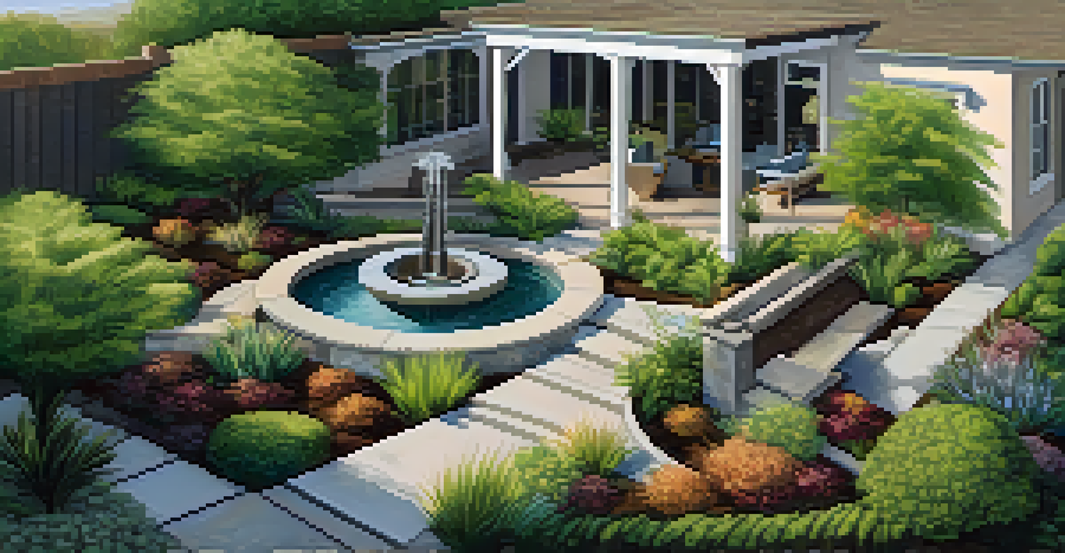 An aerial view of a water-wise garden showcasing grouped plants and hardscapes, highlighting sustainable gardening practices.