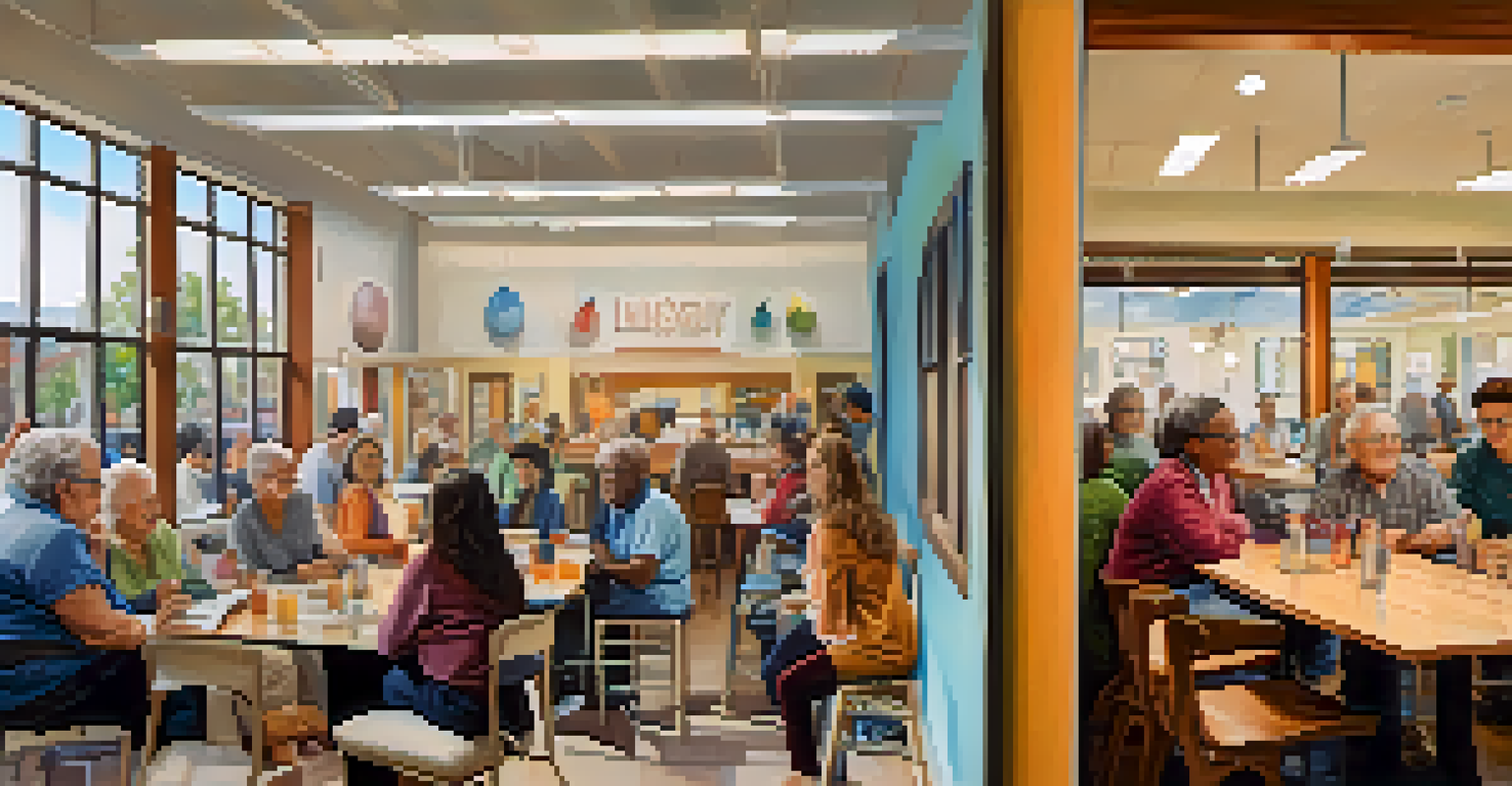 A split image of a co-working space for young people and a senior center with older adults engaged in activities, highlighting community across ages.
