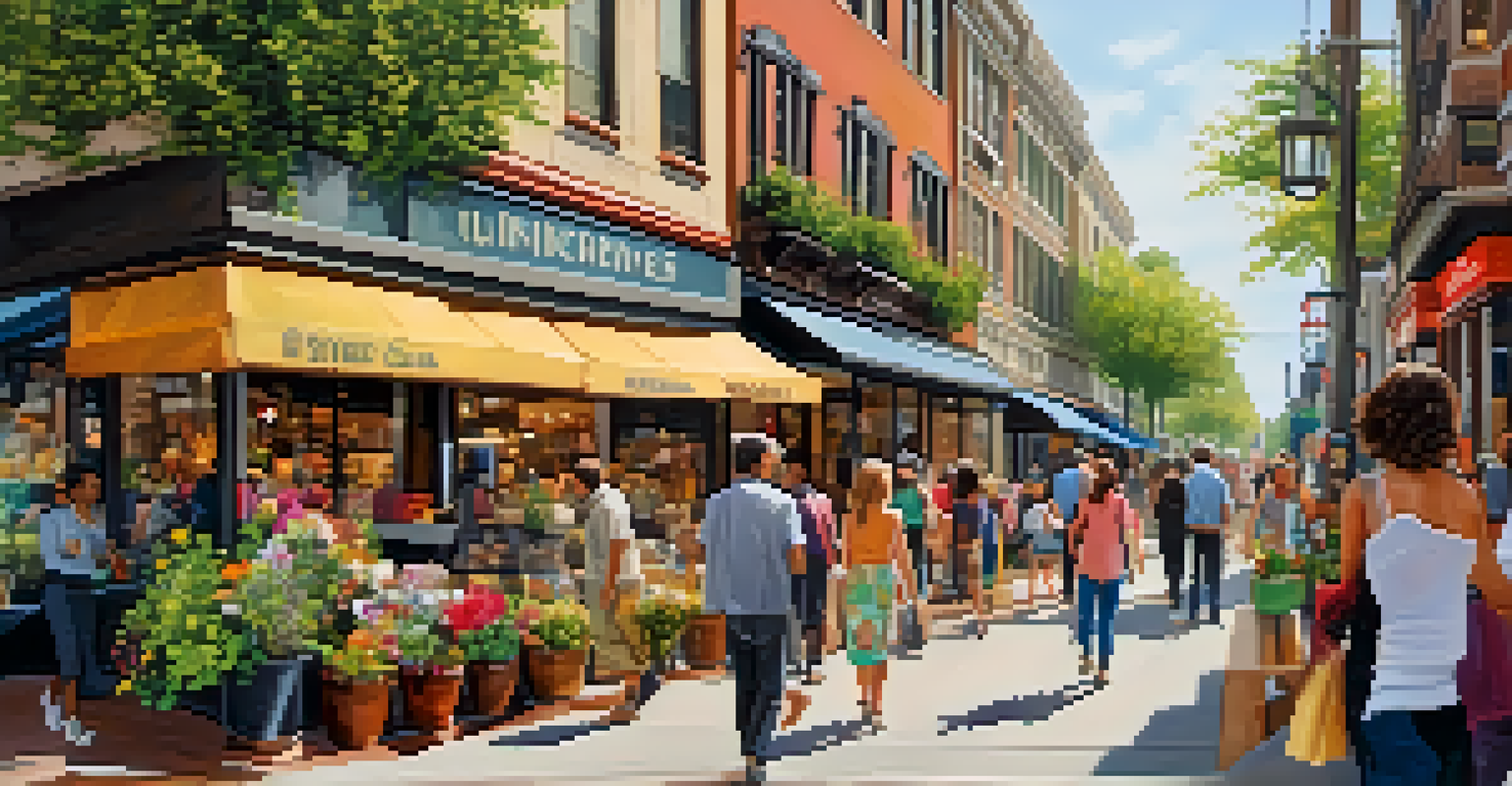 A busy street with unique shops and cafés, filled with diverse people shopping and interacting.