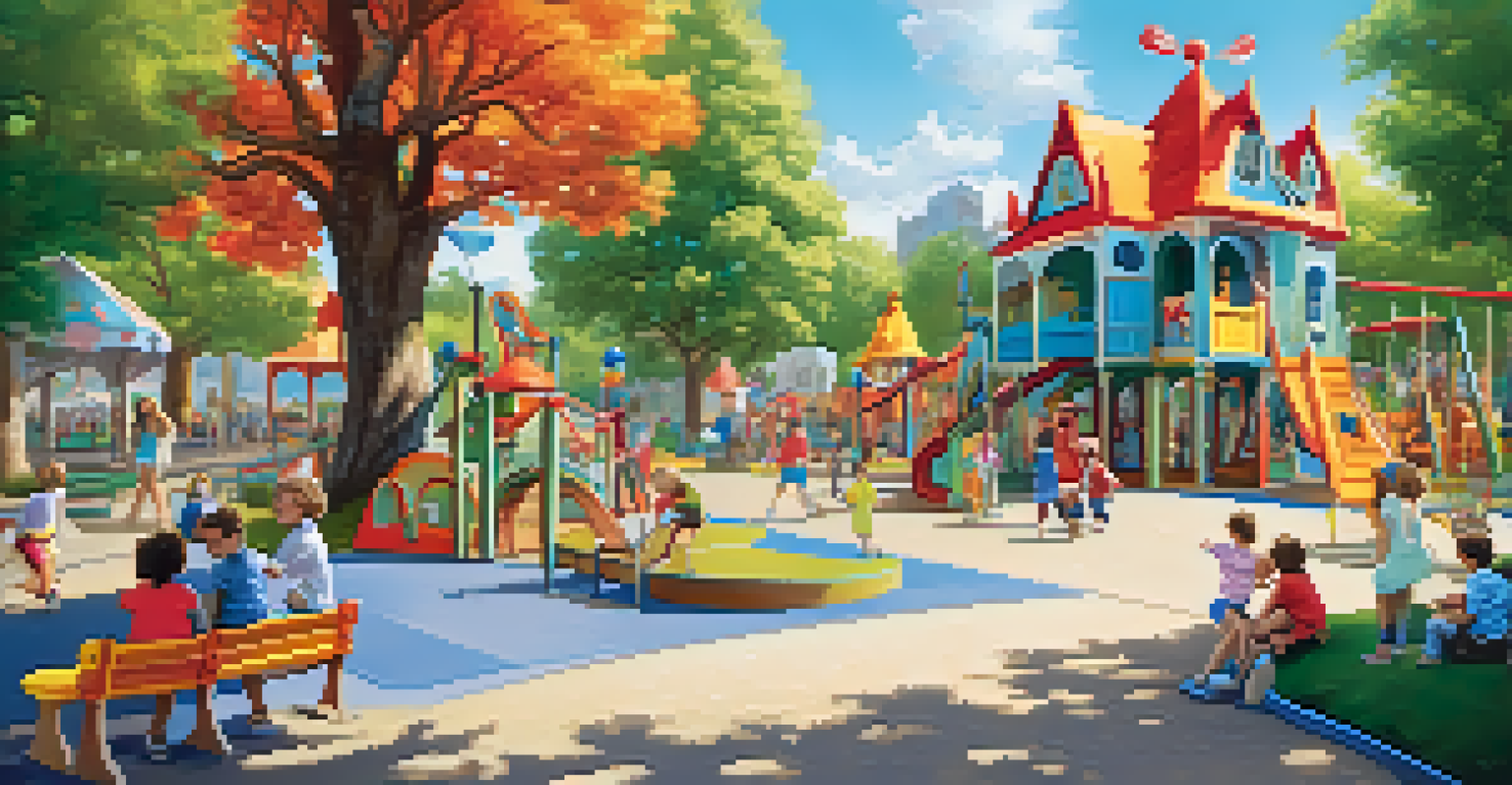 A vibrant playground with children playing in a storybook-themed park filled with colorful structures.