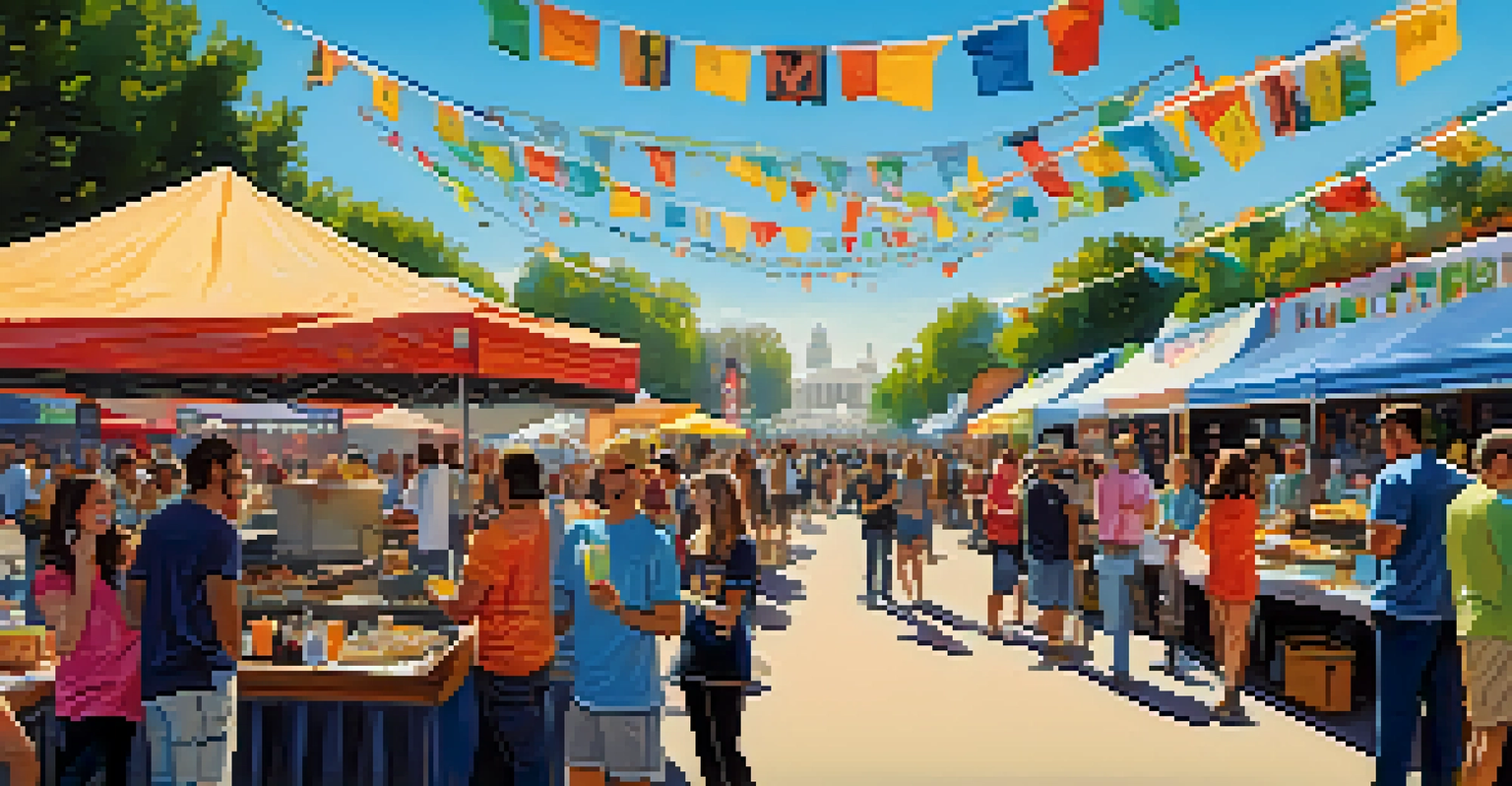 A vibrant food festival in Sacramento with multiple food trucks and people enjoying a festive atmosphere.