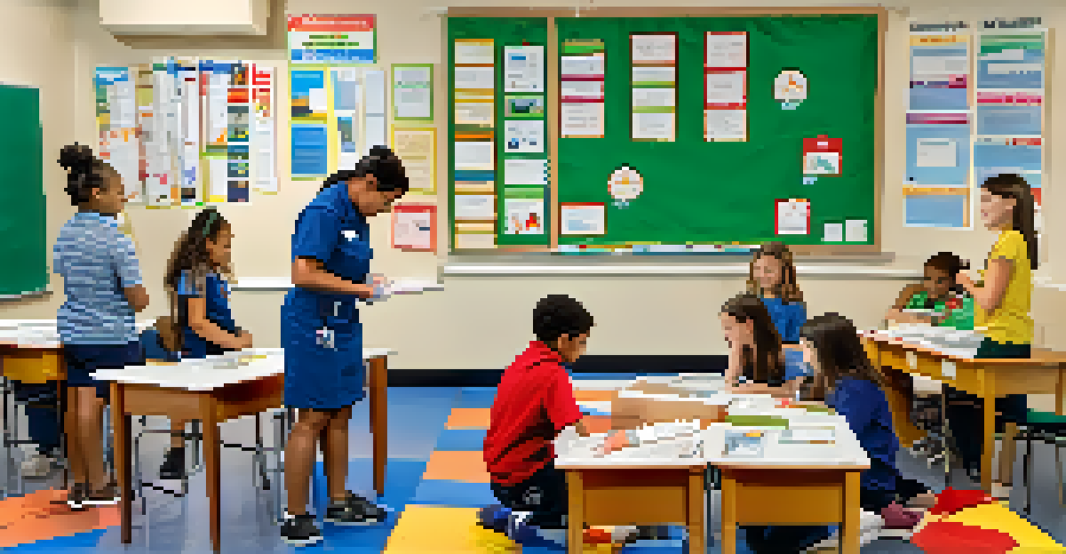 Students practicing first aid techniques during an emergency response drill in a classroom.