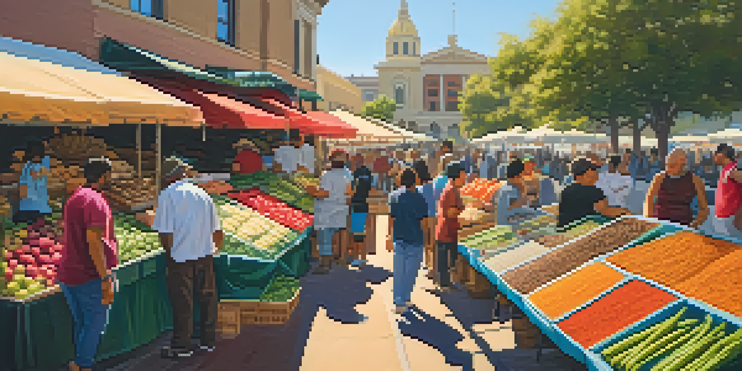 A lively street market filled with colorful fresh produce and ethnic foods, with diverse people engaging in the scene under warm sunlight.