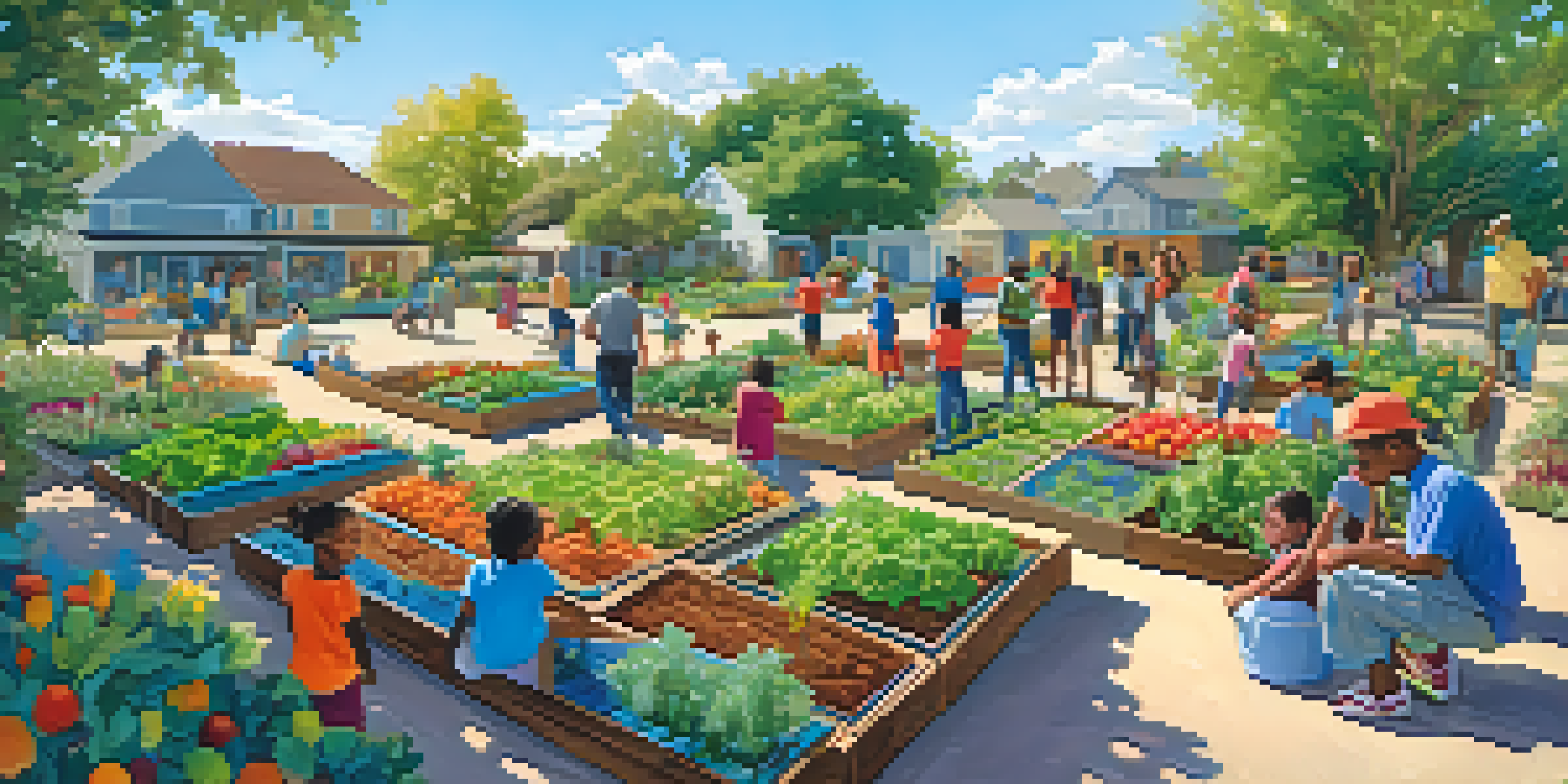 A community garden in Sacramento with diverse residents gardening, children playing, and adults conversing under a clear blue sky.
