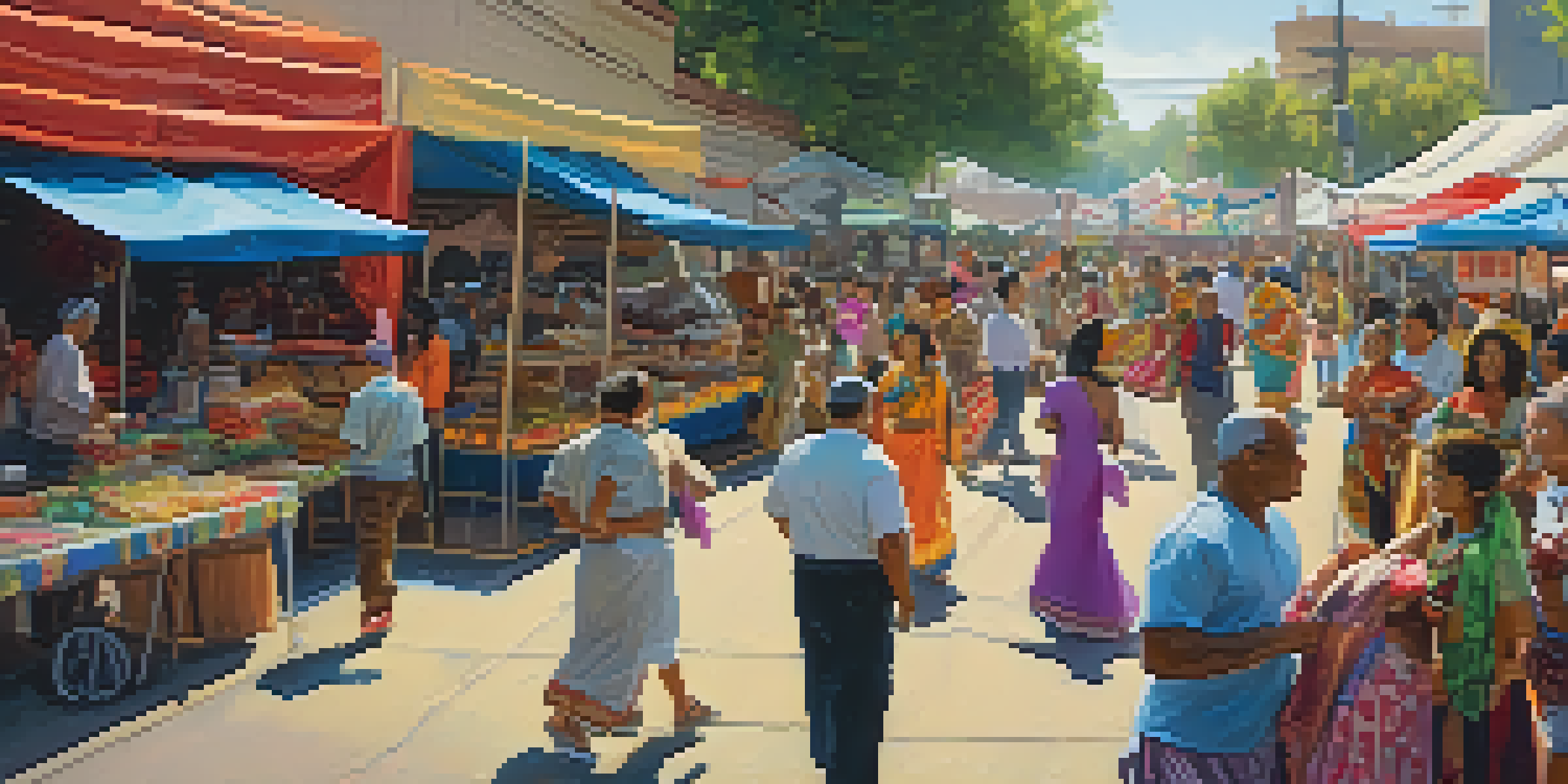 A busy cultural festival in Sacramento with diverse groups of people, colorful decorations, and food stalls.