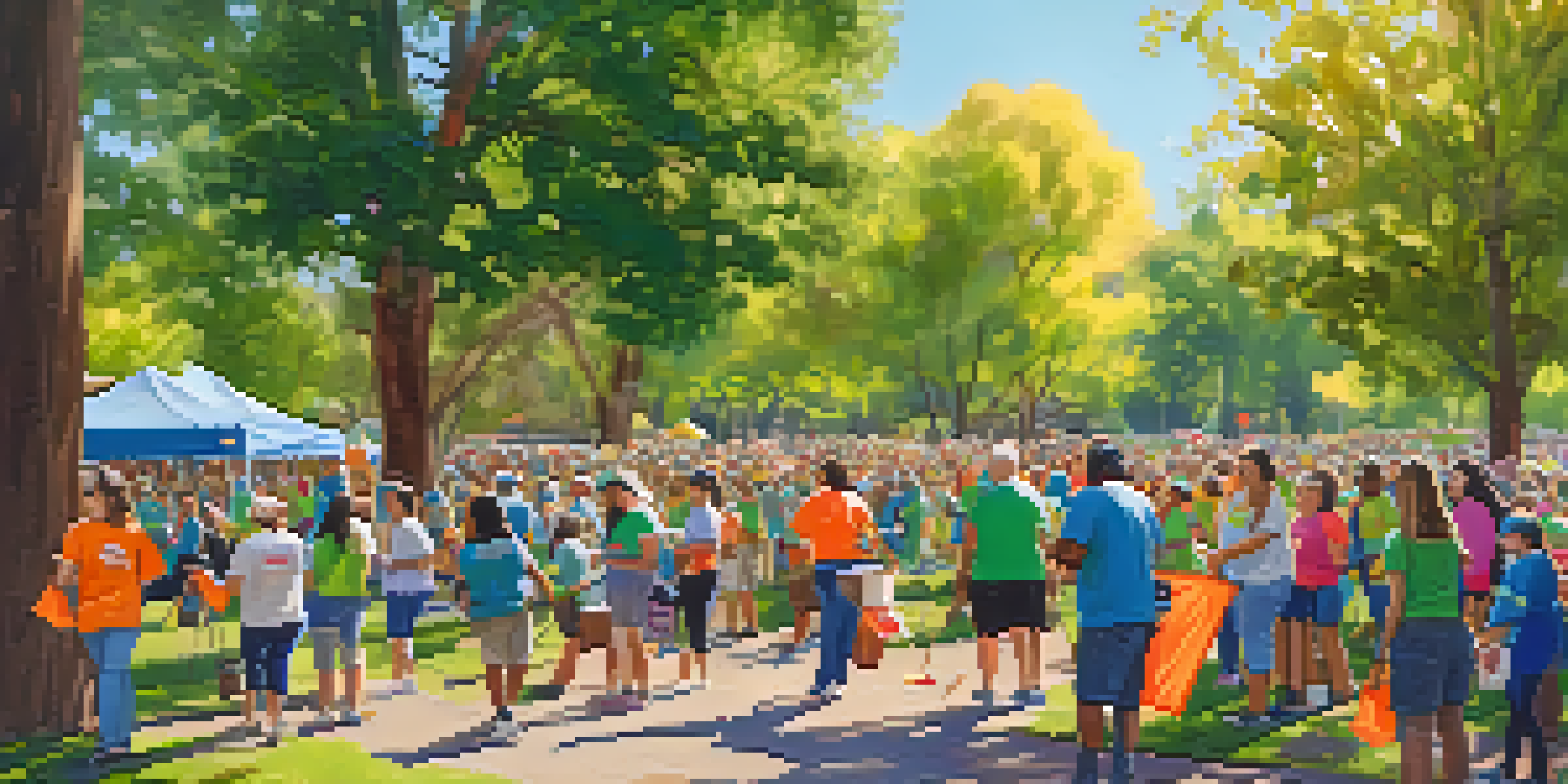 A diverse group of volunteers cleaning up a park, surrounded by trees and colorful banners, with smiles and a sense of community.