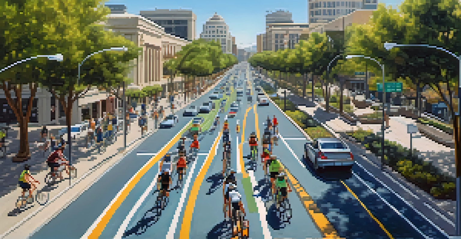An aerial view of Sacramento showing dedicated bike lanes filled with cyclists next to busy streets and city buildings.