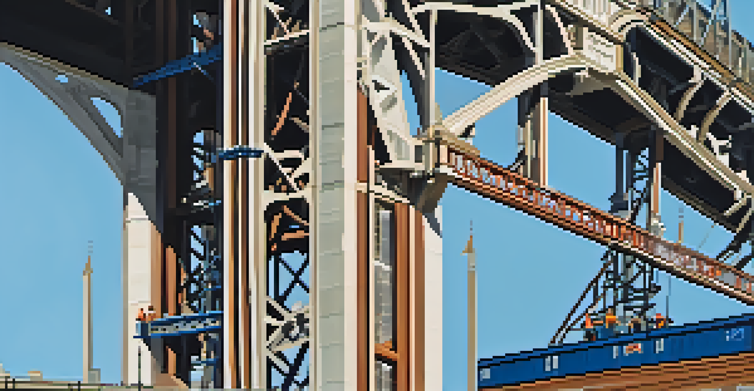 A close-up of restoration work on the Tower Bridge, showing workers and scaffolding against a blue sky.