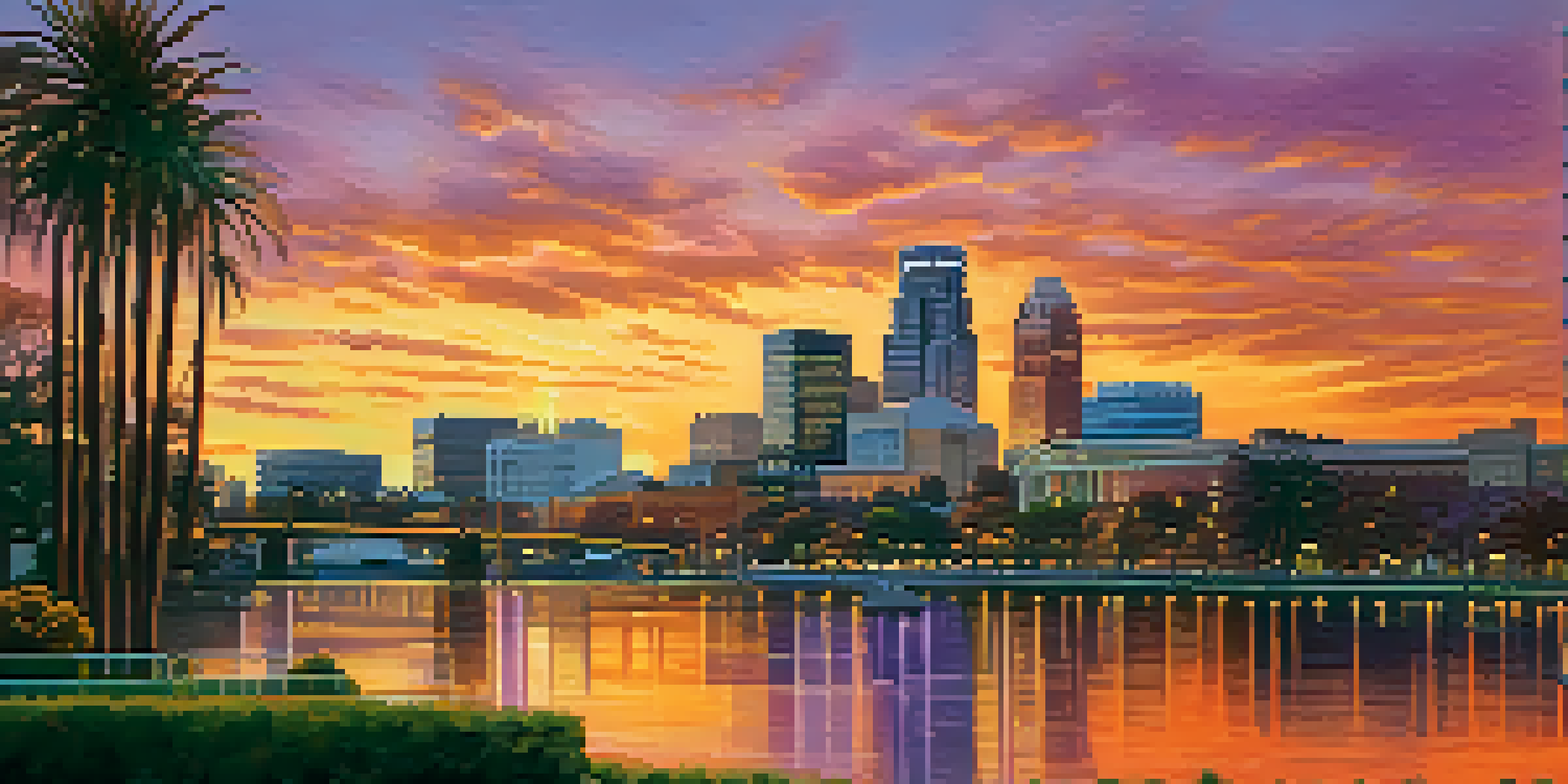 A colorful sunset over Sacramento's skyline with modern buildings and palm trees in the foreground.