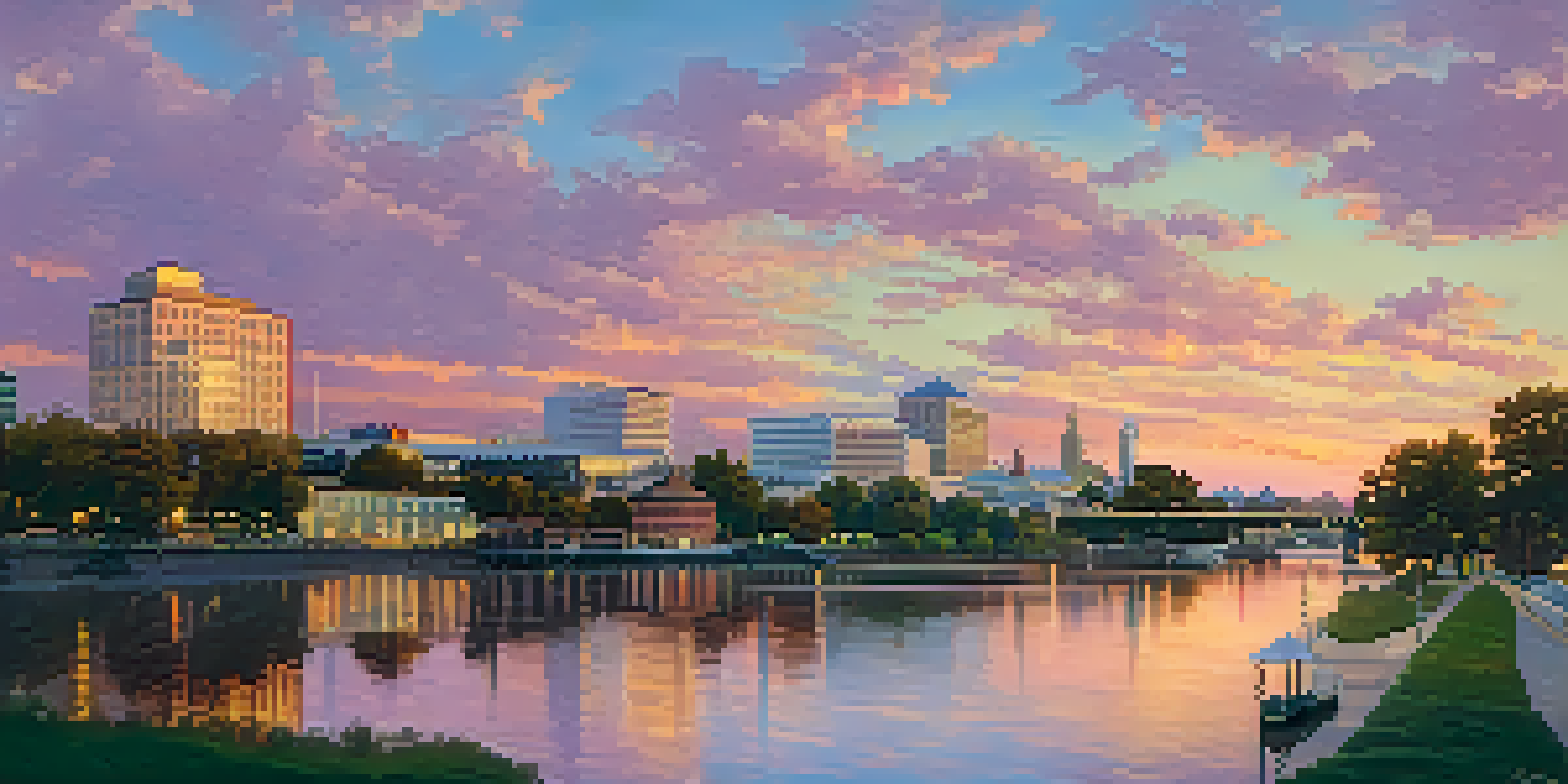 A scenic sunset view of Sacramento's skyline along the rivers with historic waterfront buildings.