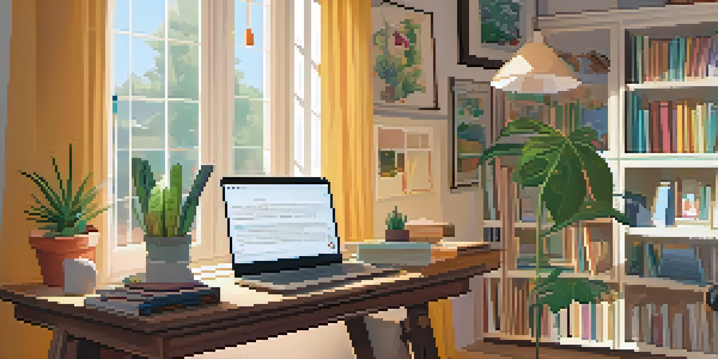 A cozy home study area featuring a wooden desk with a laptop open to an online class, colorful educational posters on the walls, and a large window letting in natural light.