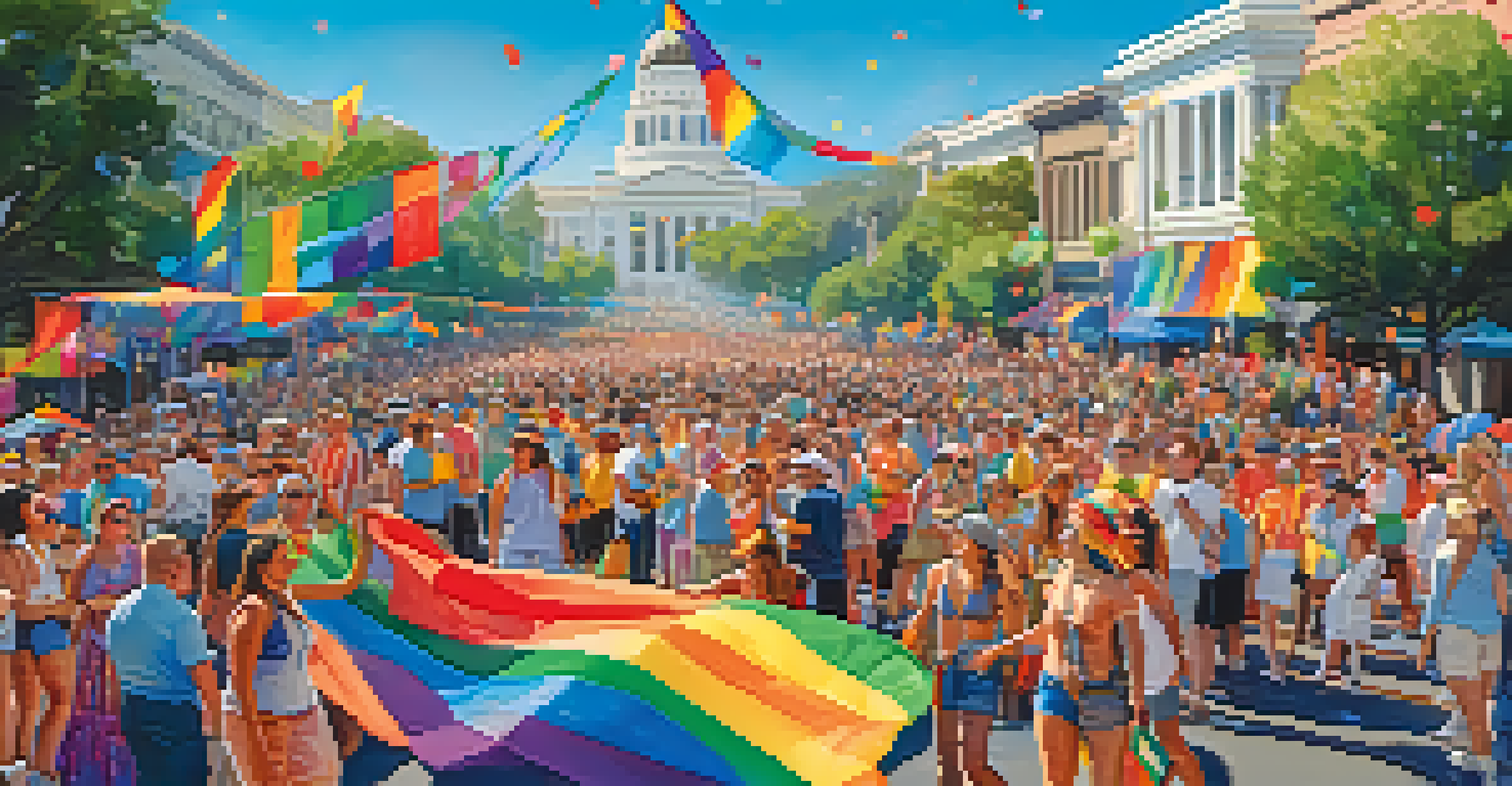 A colorful parade scene at a pride celebration with people wearing vibrant outfits, waving rainbow flags, and participating in activities along the street.