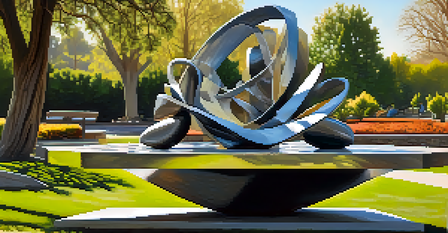 A reflective sculpture in a Sacramento park, representing diverse cultural figures surrounded by trees and flowers.