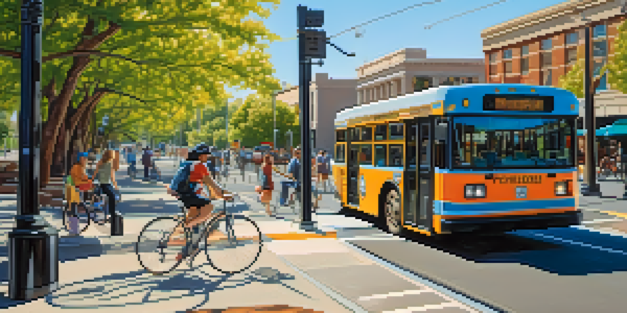 A colorful urban landscape in Sacramento depicting various transportation options including a bus stop, light rail, cyclists, and pedestrians in a lively atmosphere.