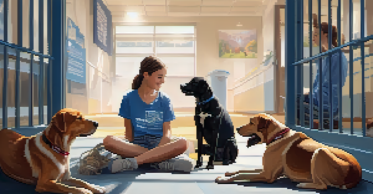 A teenage volunteer sitting on the floor at an animal shelter, gently petting a dog, surrounded by a bright and welcoming environment.