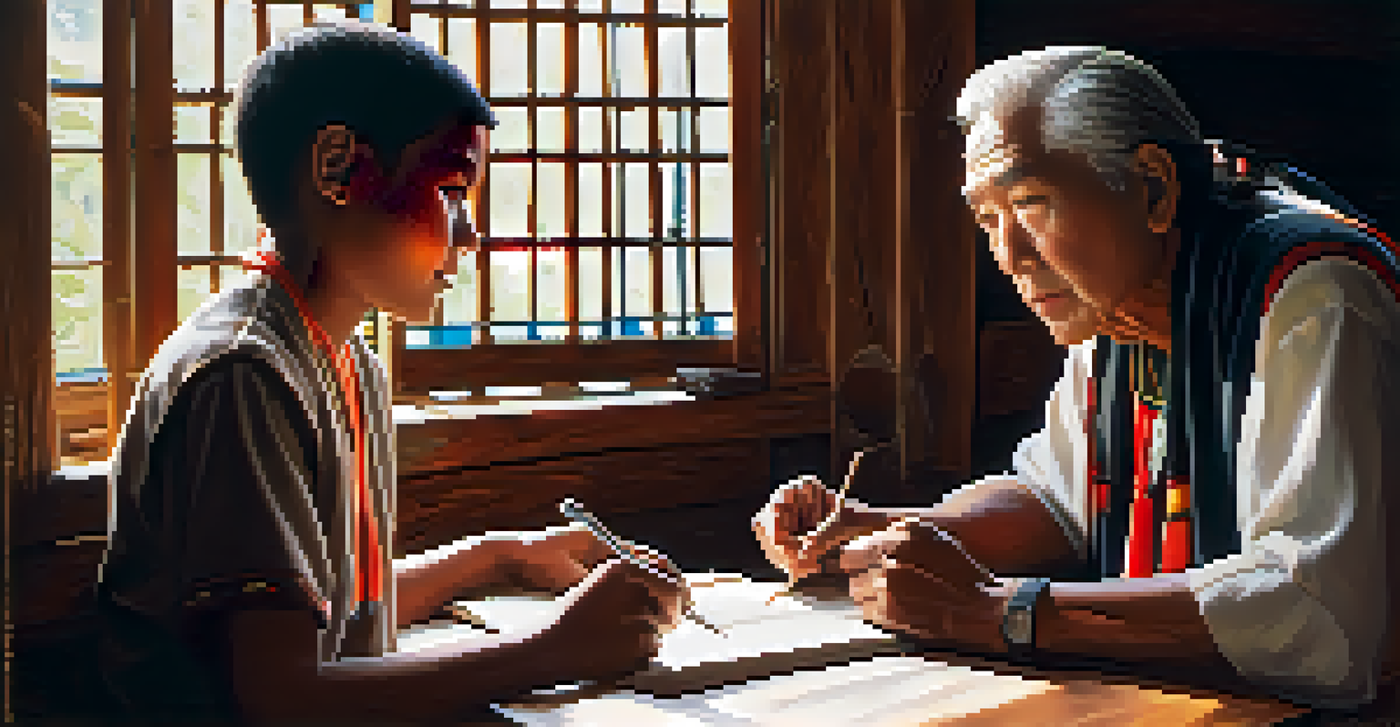 A close-up of a Patwin elder and a young adult engaged in a language lesson, surrounded by cultural artifacts and warm natural light.