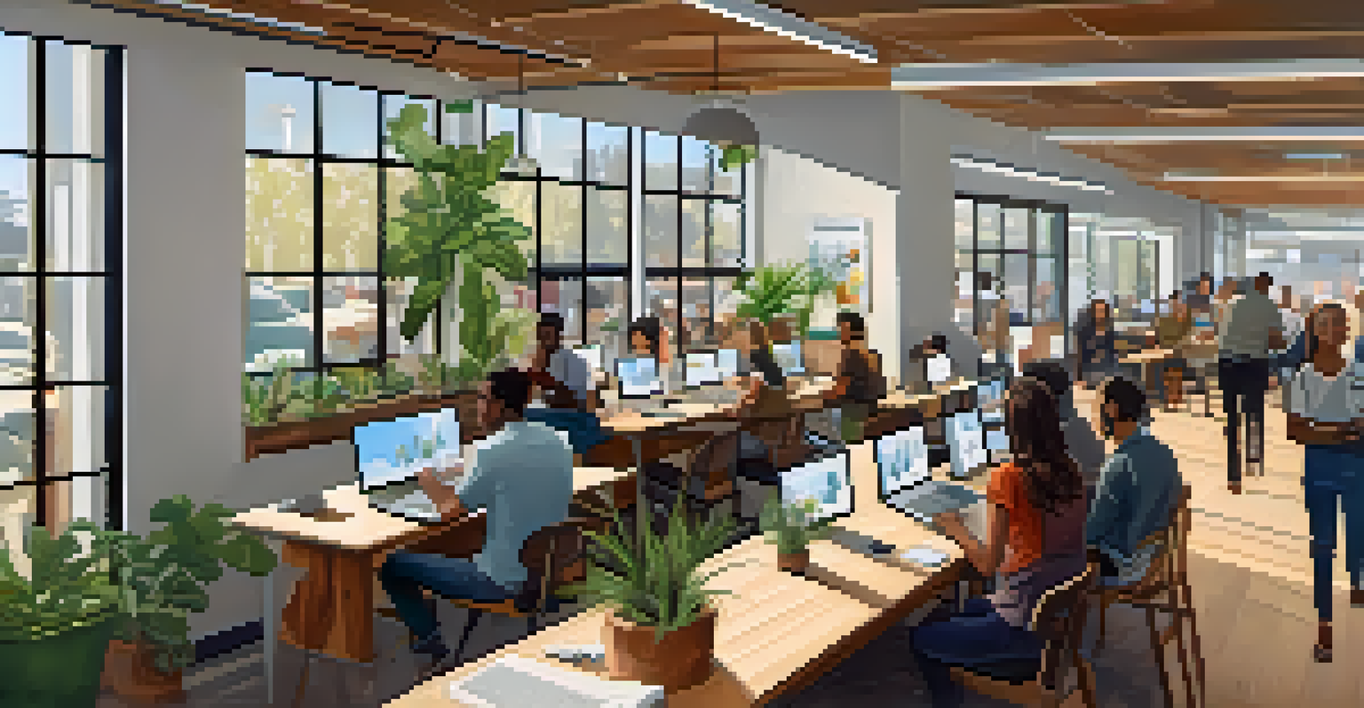 A vibrant co-working space in Sacramento with diverse individuals collaborating.