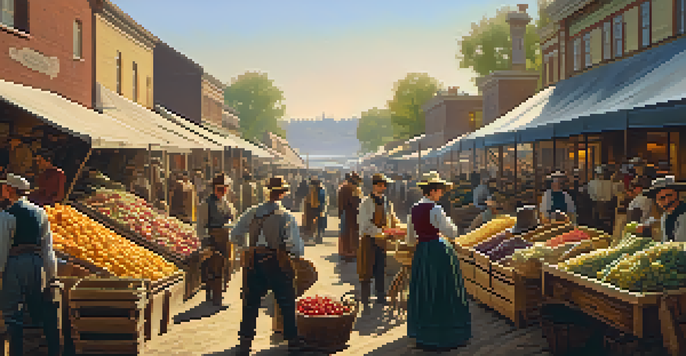 A lively market in 19th-century Sacramento during the Gold Rush, with miners shopping and colorful stalls of goods under warm sunlight.